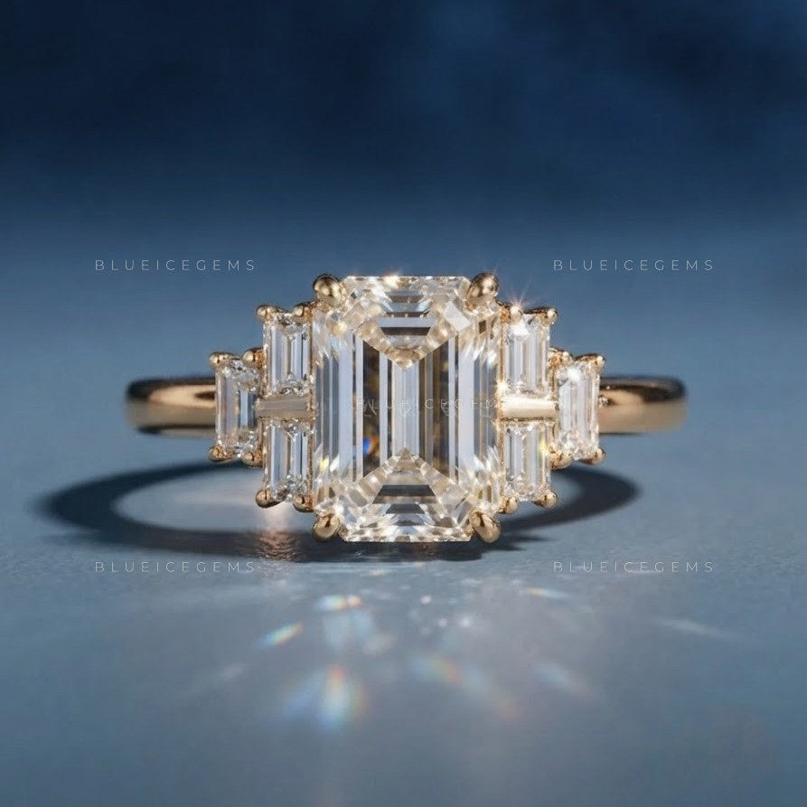 Elegant Emerald Cut Three Stone Side Baguette Engagement Ring