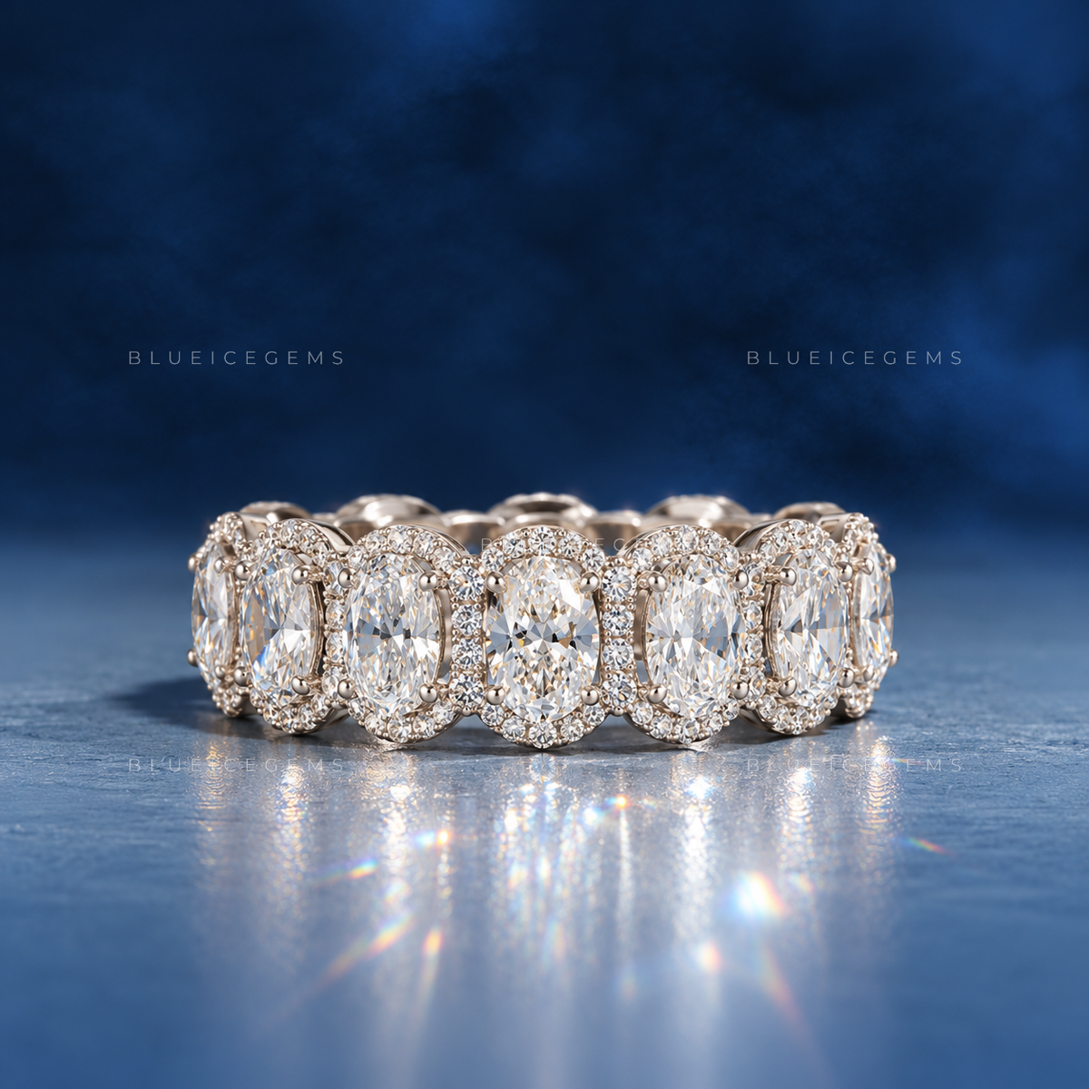 Radiant Oval Cut Halo Pave Wedding Band With Brilliant Accents