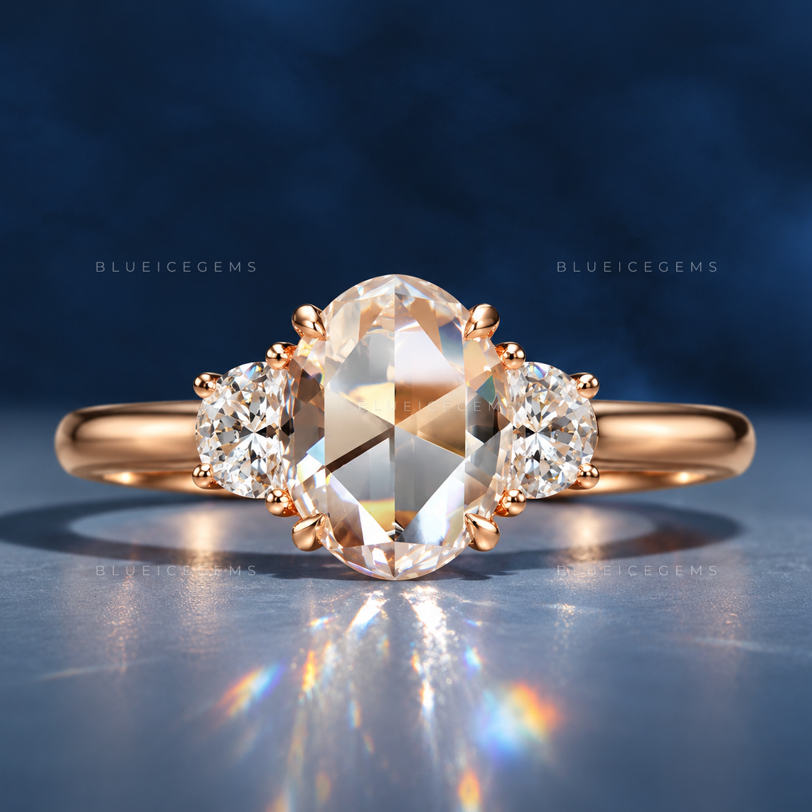 Vintage Oval Rose Cut Half Moon Trilogy Ring