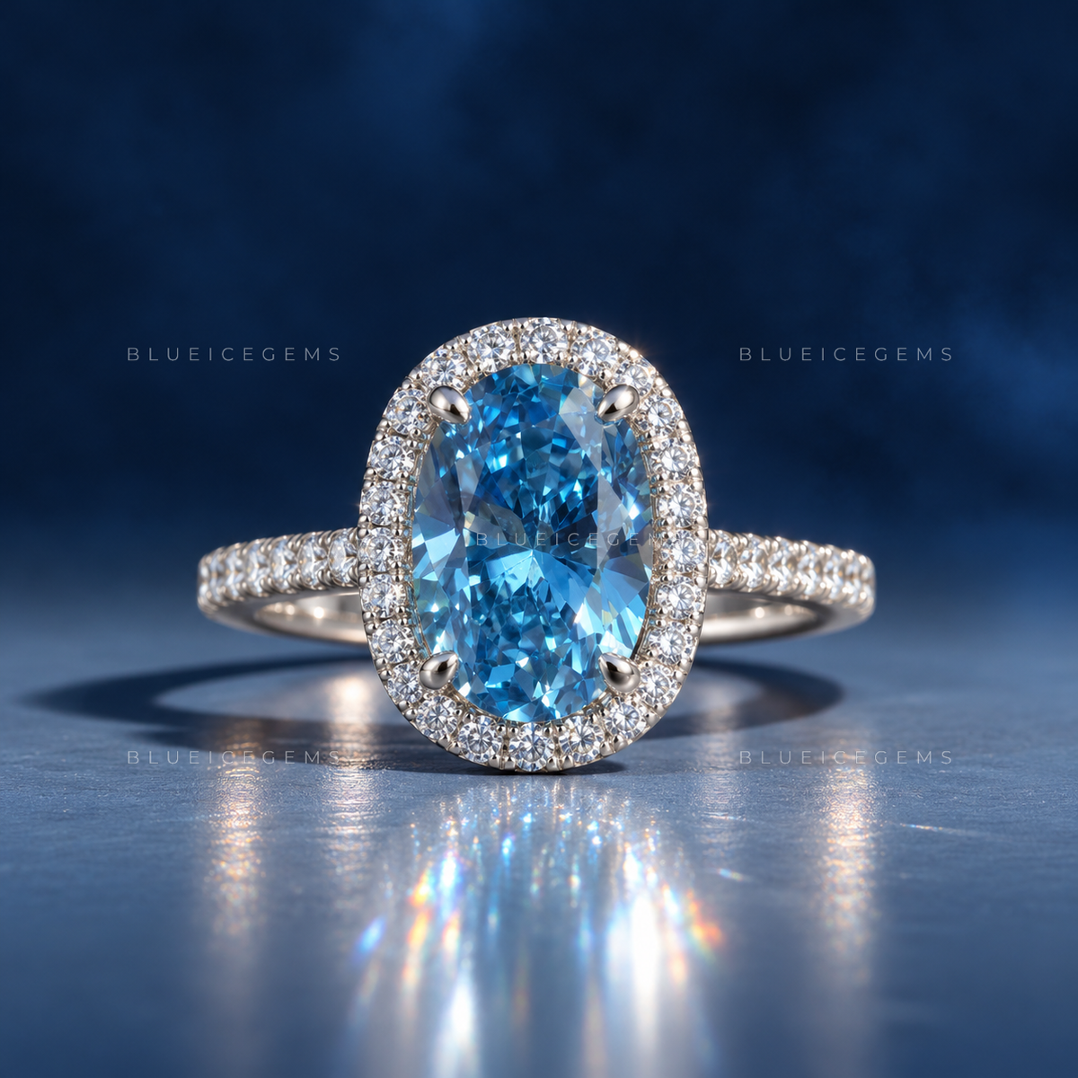 The "Midnight Siren" Oval Blue Diamond: Statement Halo Ring