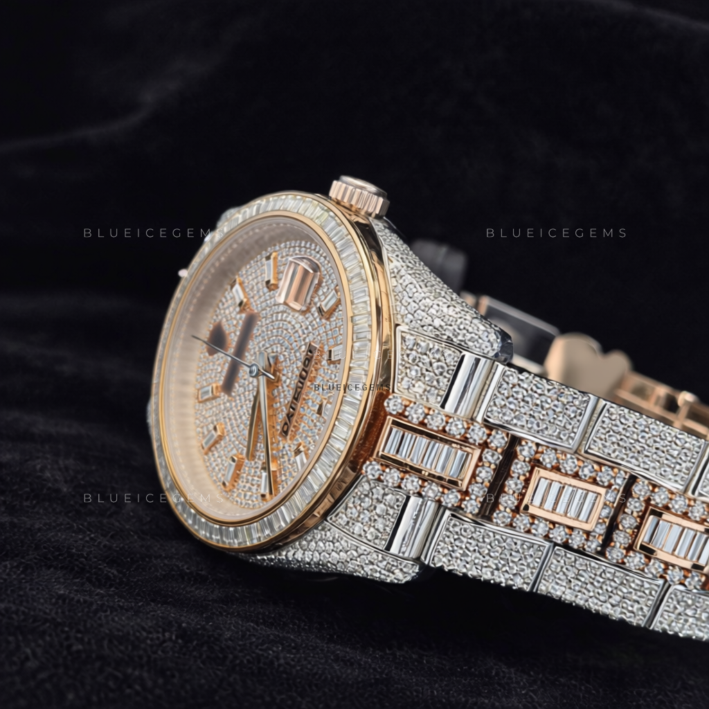 Rose Glimmer: Two-Tone Iced-Out Custom Moissanite & Diamond Watch