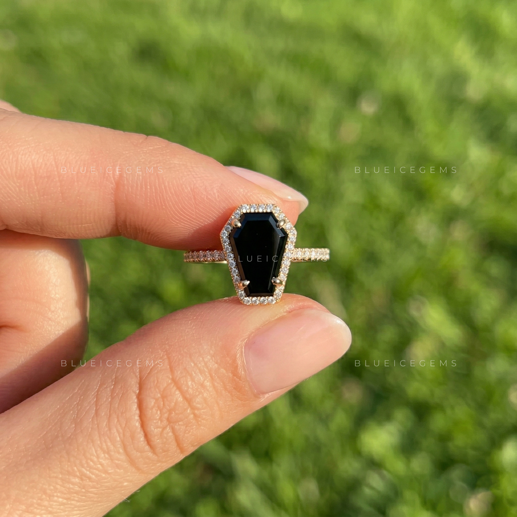 Midnight Noir Coffin Cut Black Diamond Halo Engagement Ring