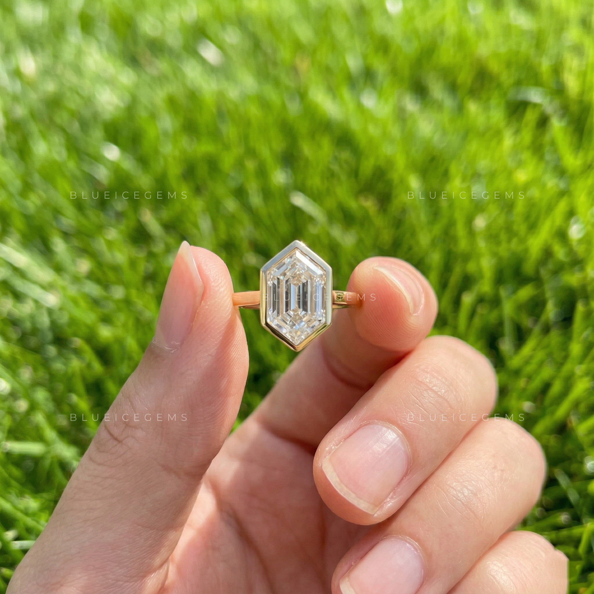 Geometric Hexagon Step Cut Bezel Set Cathedral Engagement Ring