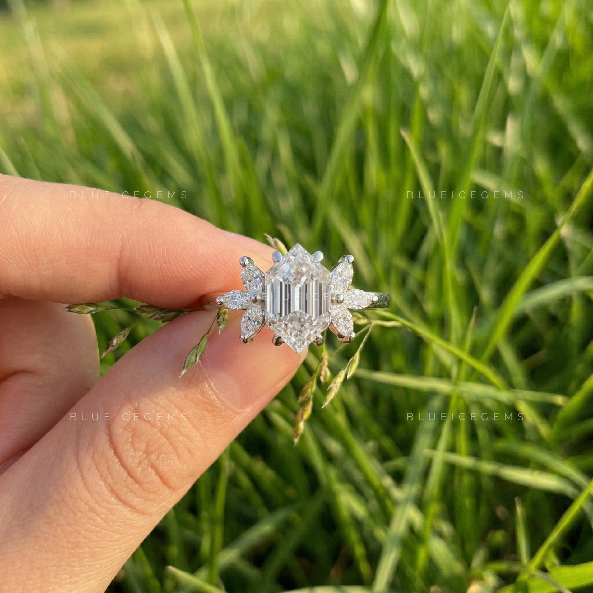 Architectural Radiance Hexagon Step Cut Floral Engagement Ring