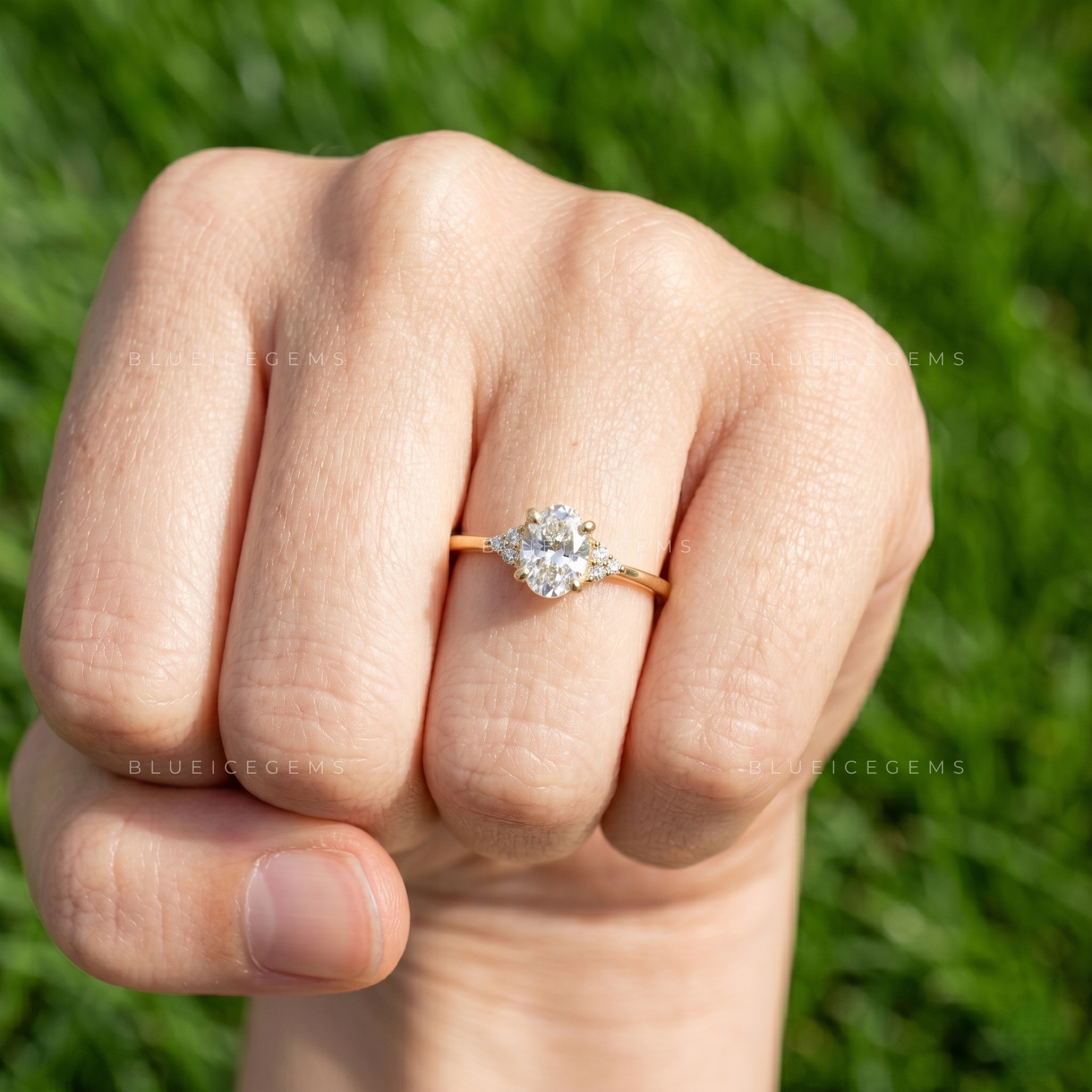Elara Oval Cut Radiant Cluster Simulated Diamond Engagement Ring