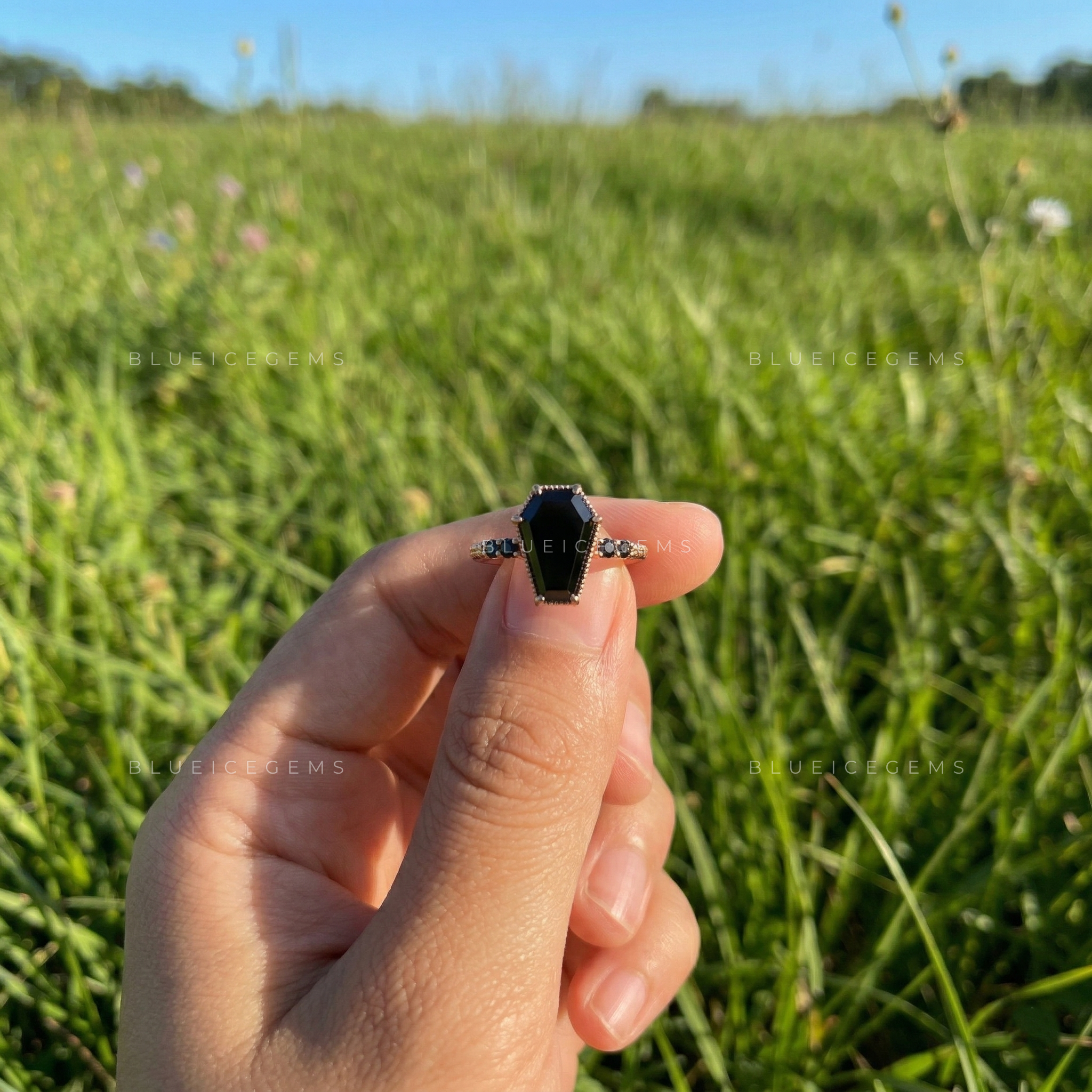 Midnight Shadows Coffin Cut Black Moissanite Trilogy Ring