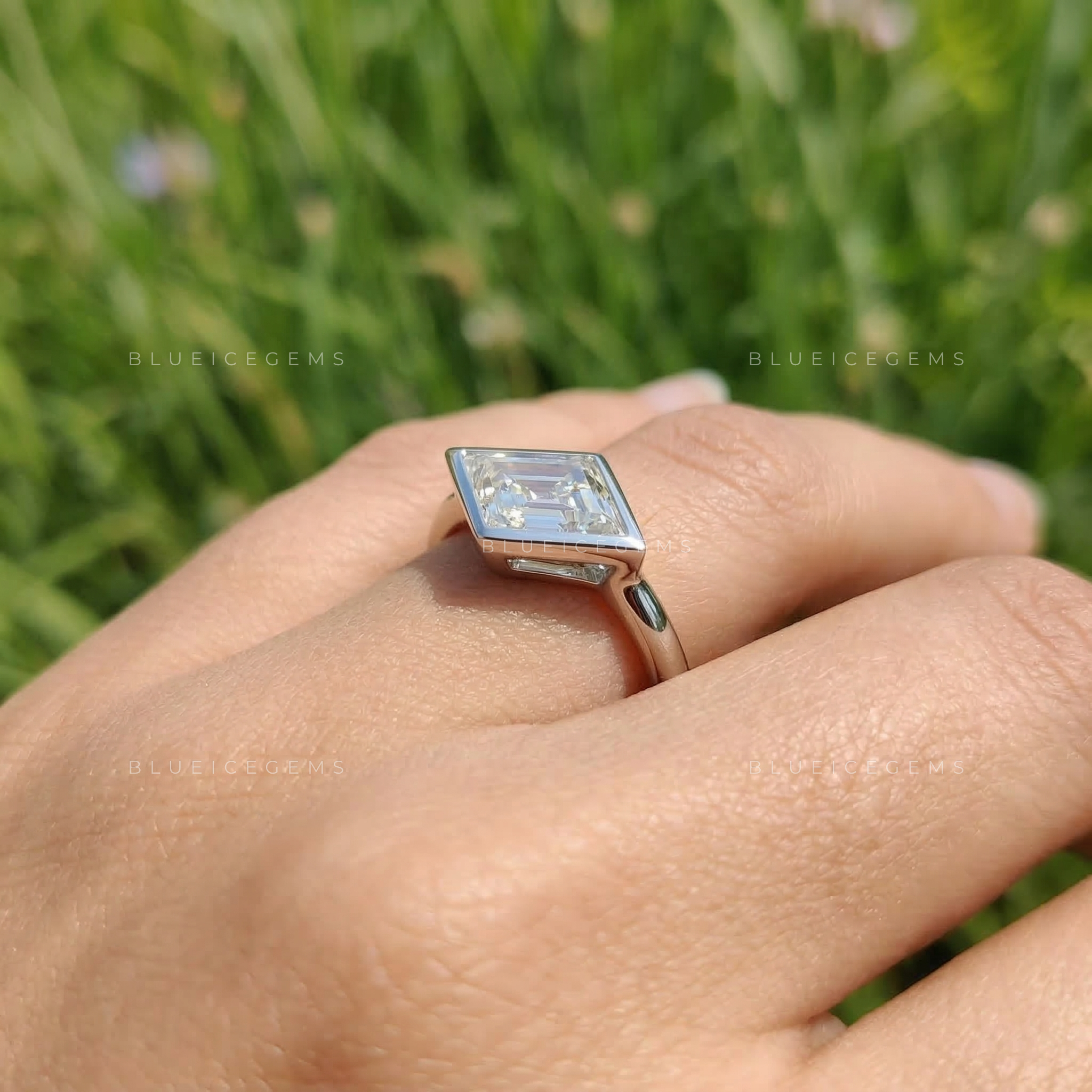 Minimalist Lozenge Cut East-West Bezel Ring