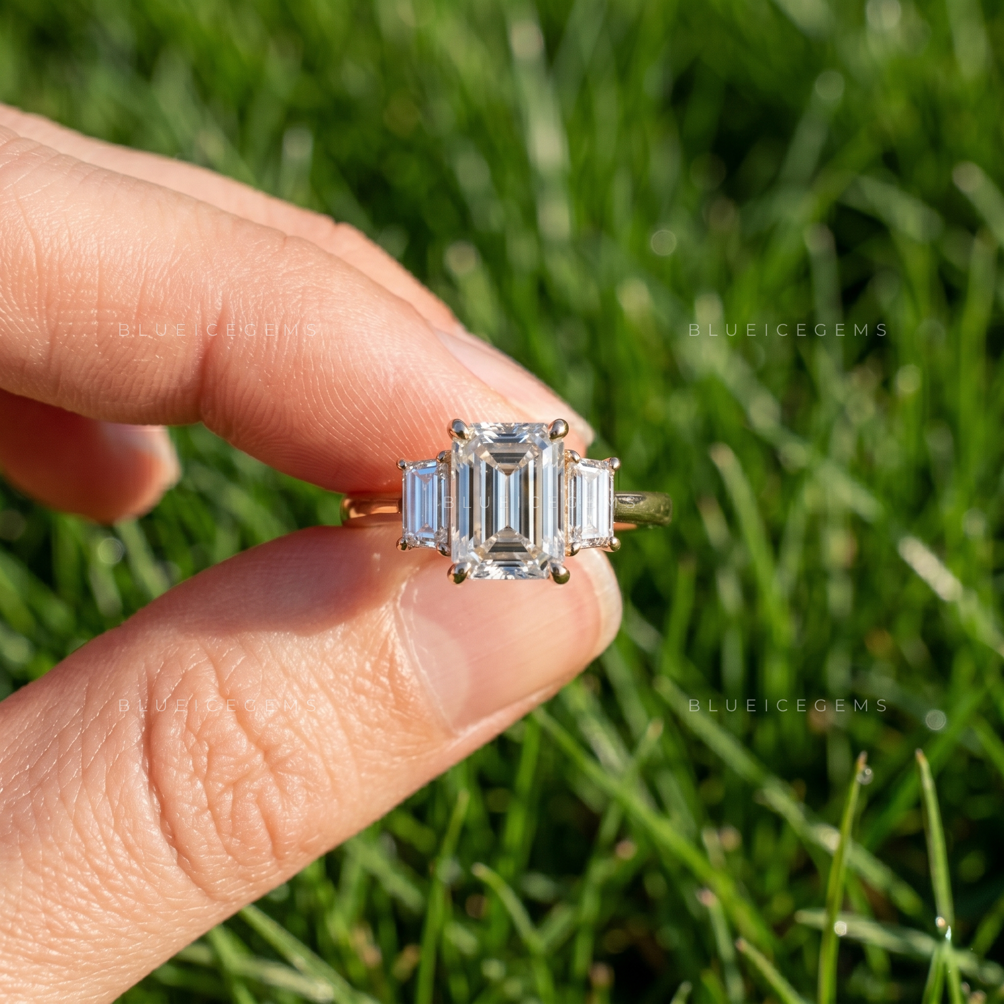 Refined Prestige Emerald Cut Baguette Accent Engagement Ring
