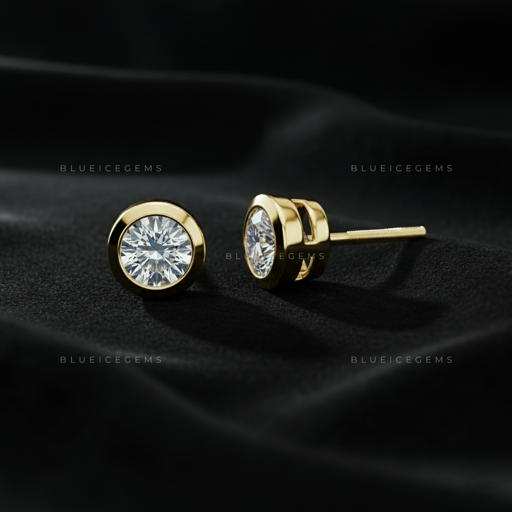 The Golden Aura: Bezel-Set Round Diamond Stud Earrings