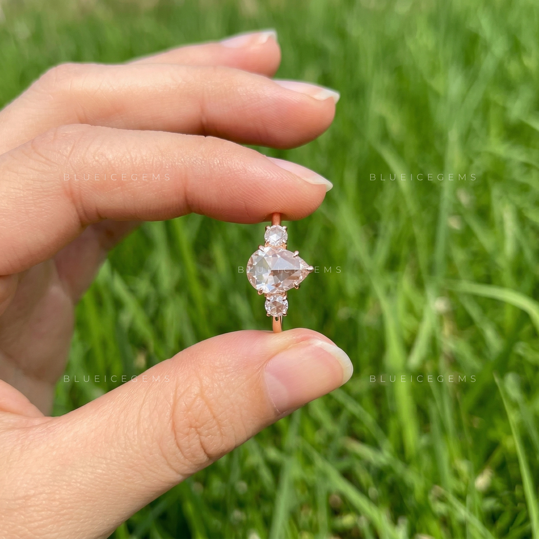 Vintage Inspired Pear Rose Cut Three Stone Open Gallery Ring