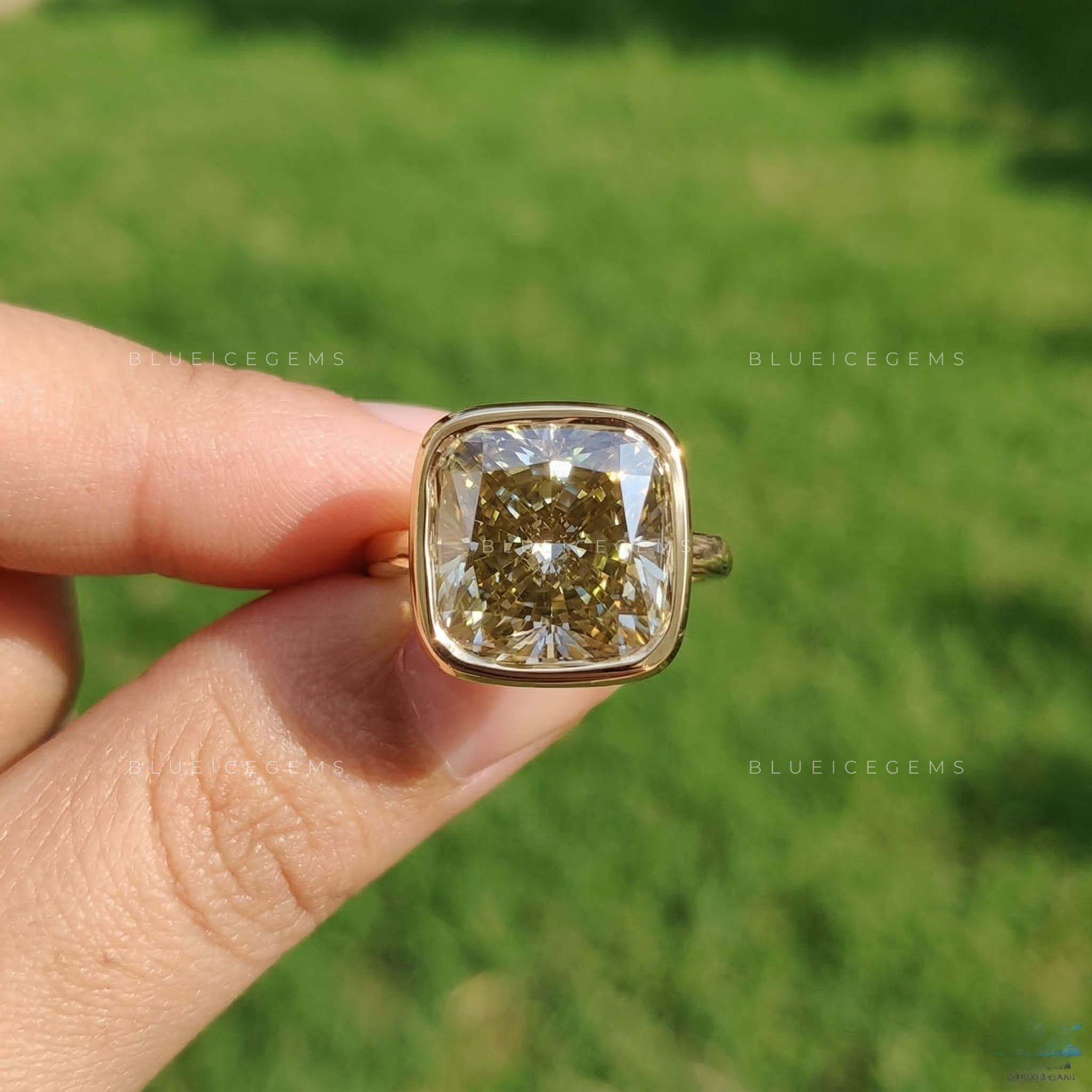 Golden Smoke Cushion Cut Bezel Set Solitaire Ring