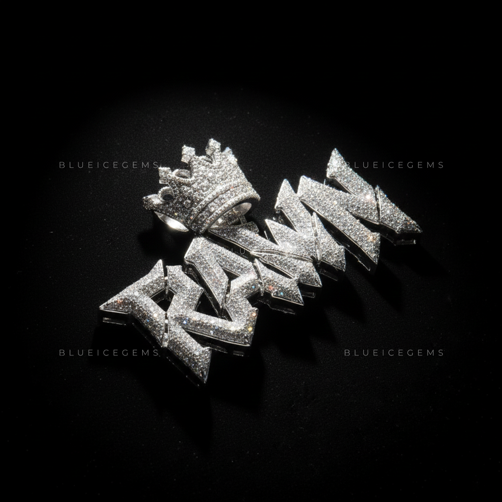 "RAWN" Custom Sharp-Script Iced-Out Pendant with Crown