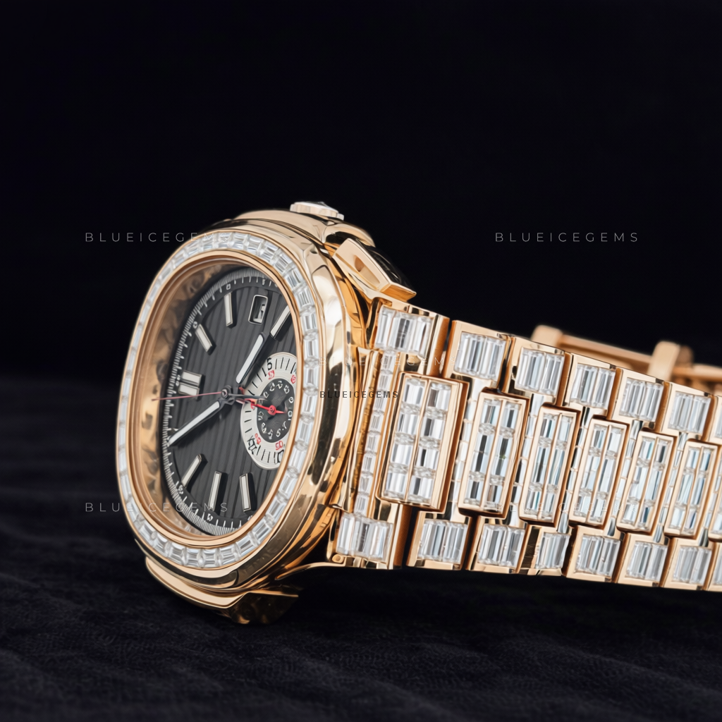 Rose Baguette Peak: Fully Iced-Out Custom Moissanite & Diamond Chronograph