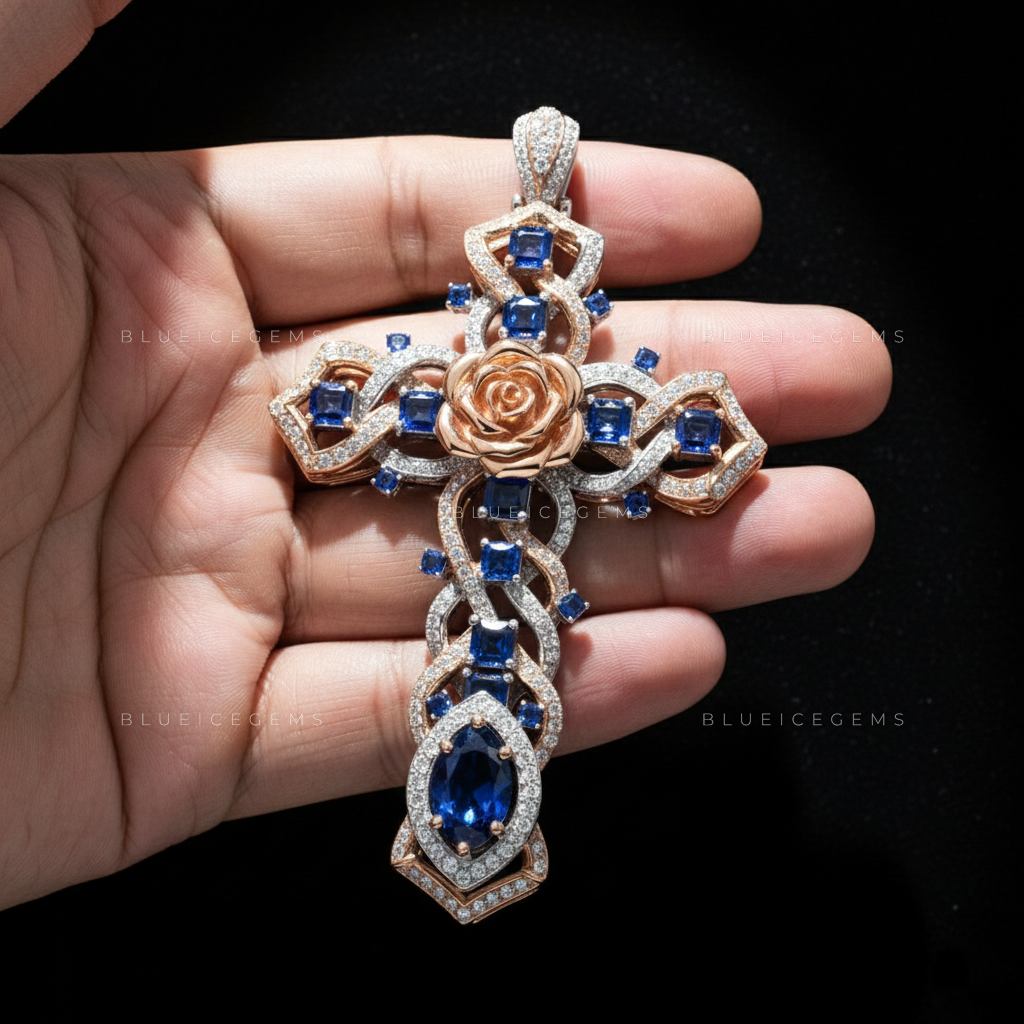 The Royal Rose Cross: Interwoven Cobalt Sapphire & Diamond Lattice