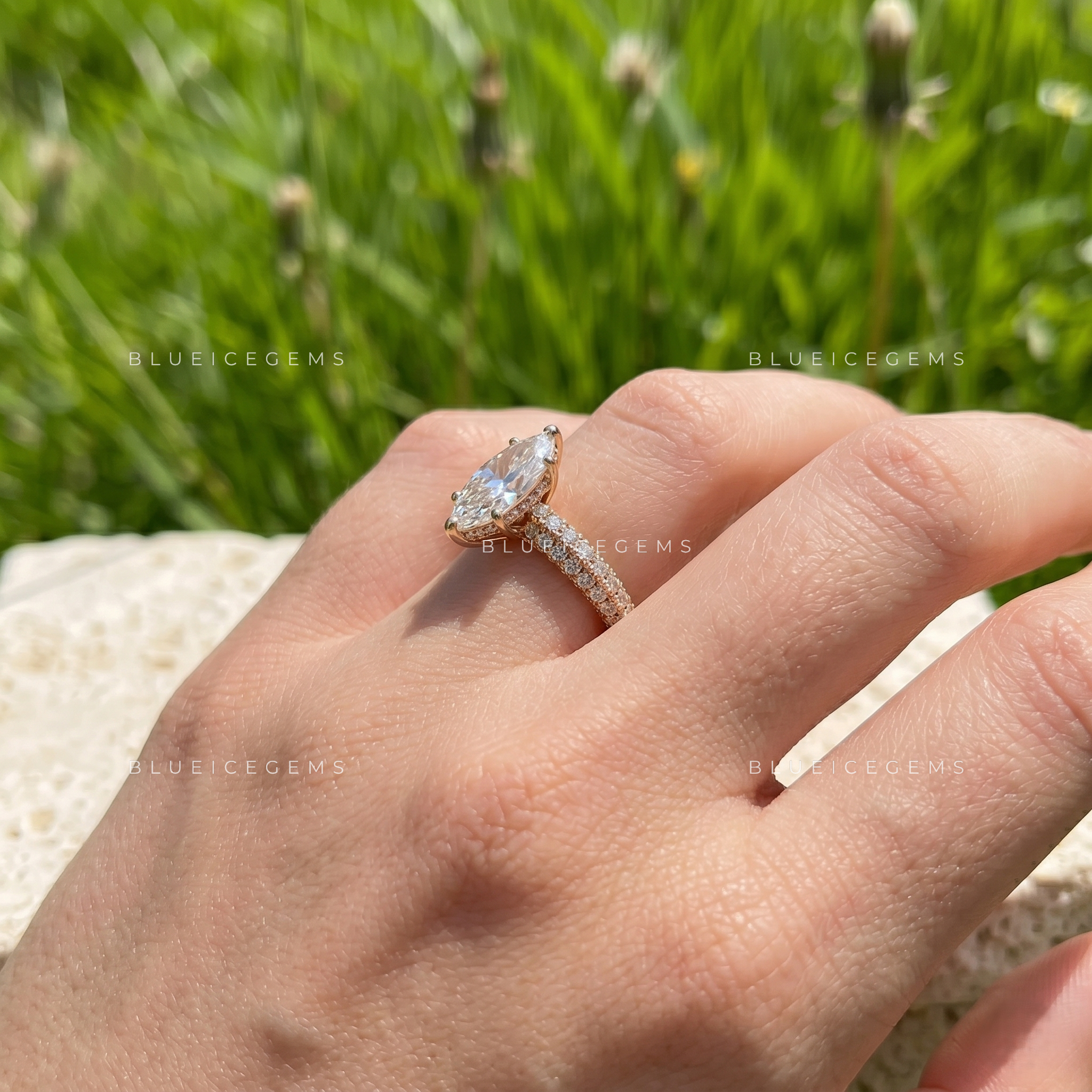 Opulent Crest Marquise Cut Side Stone Engagement Ring
