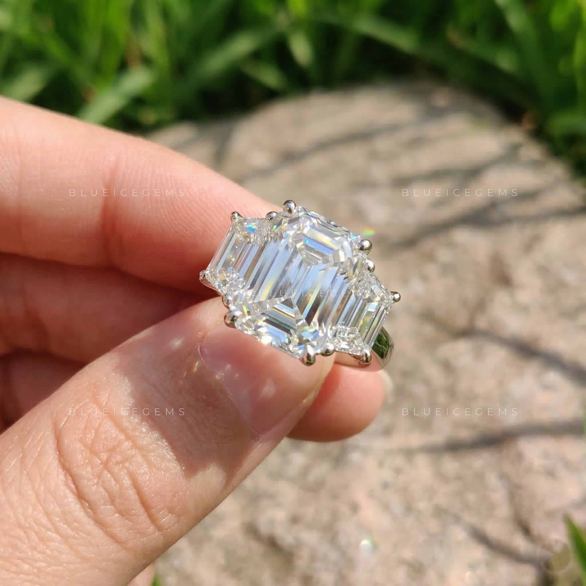 Art Deco Opulence Emerald Trapezoid Three Stone Ring