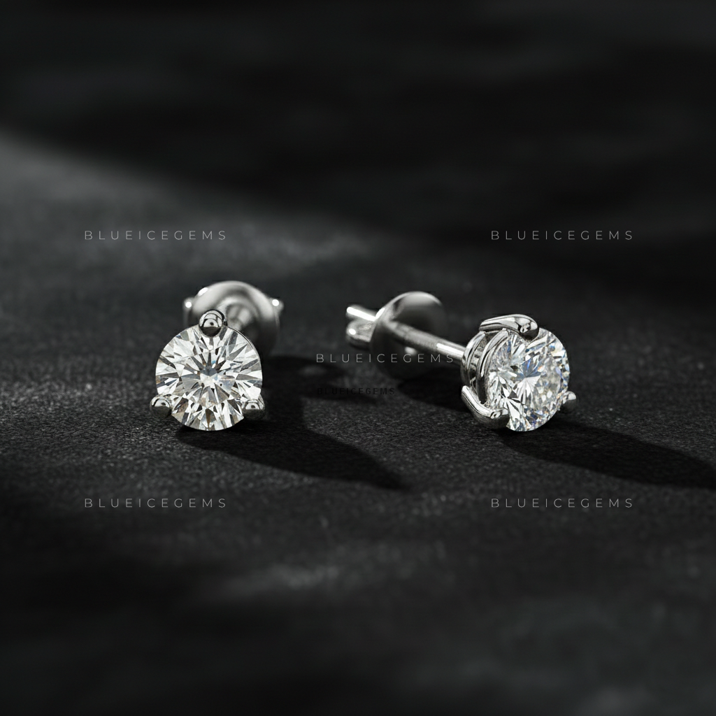 The Trinity Radiance: Three-Prong Round Diamond Stud Earrings