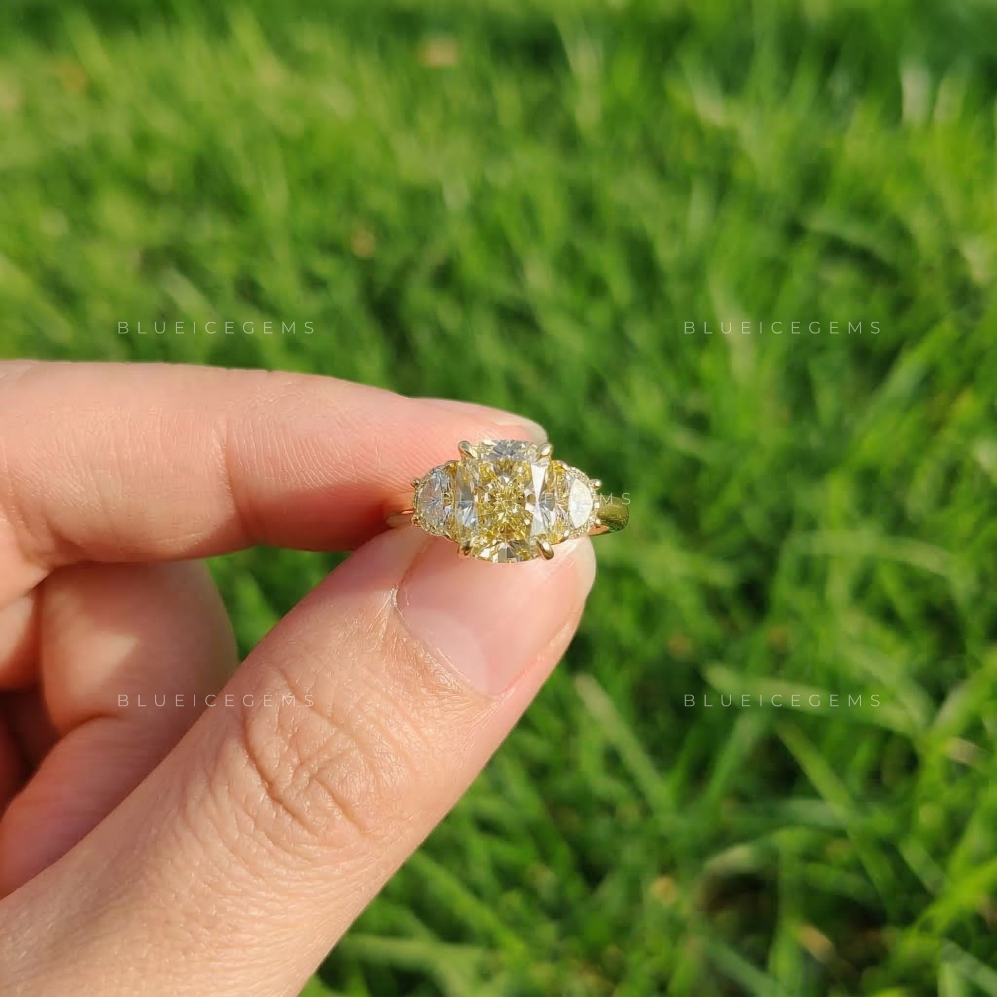 Golden Glow Cushion Cut Half Moon Trilogy Ring