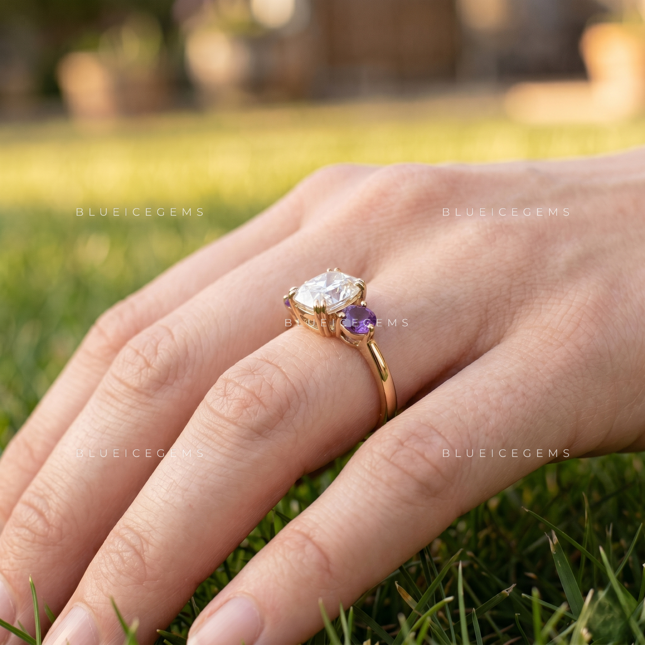 Velvet Harmony Cushion Cut Amethyst Accent Engagement Ring