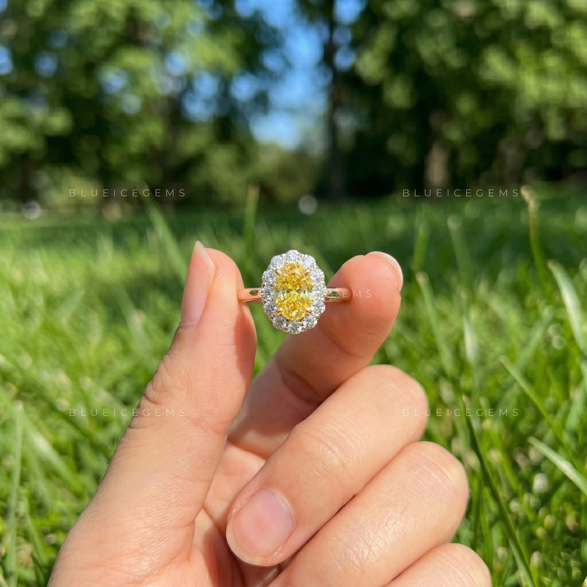 Golden Solstice Vivid Yellow Oval Three-Stone Ring