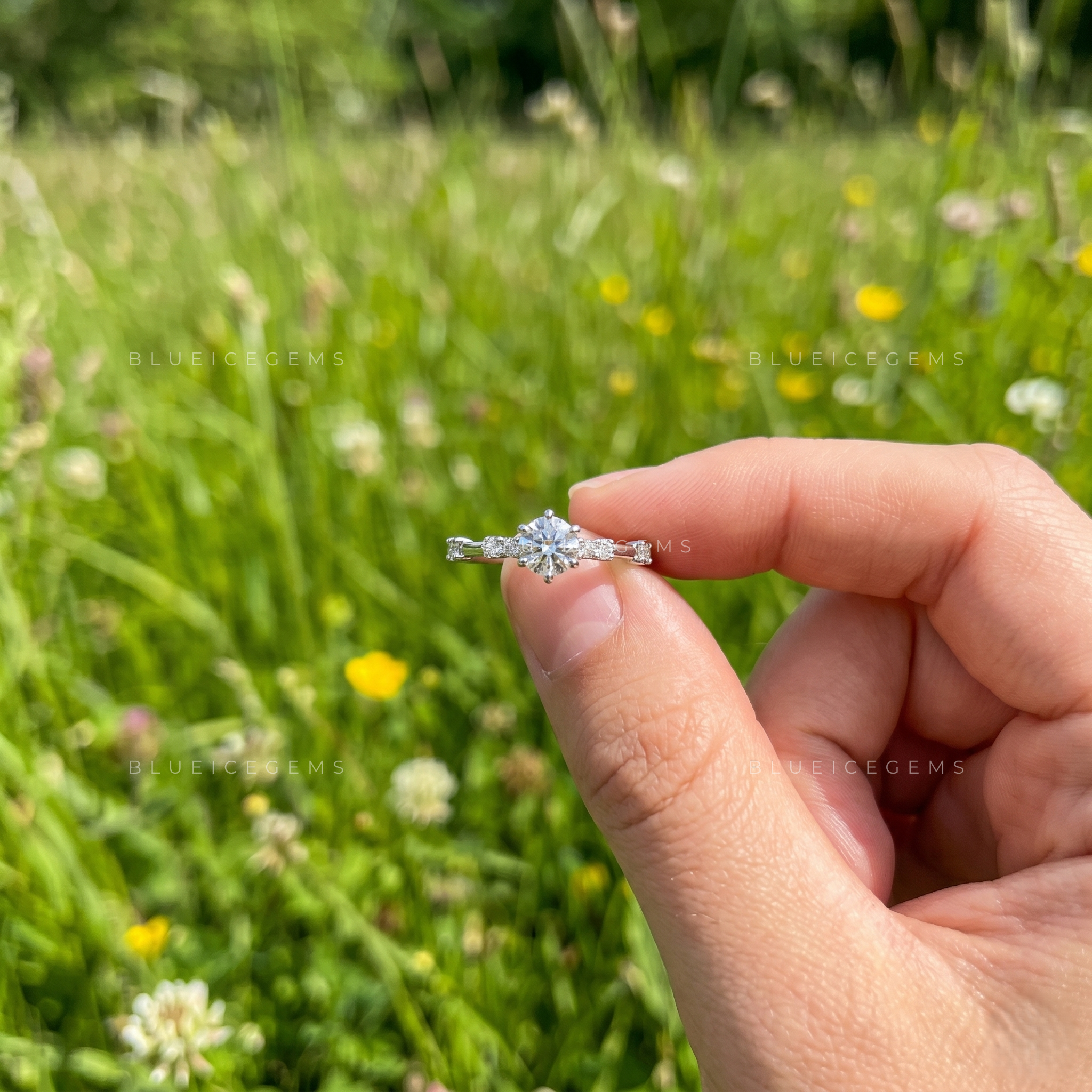 Celestial Muse Round Brilliant Cut Six Prong Solitaire Accent Engagement Ring