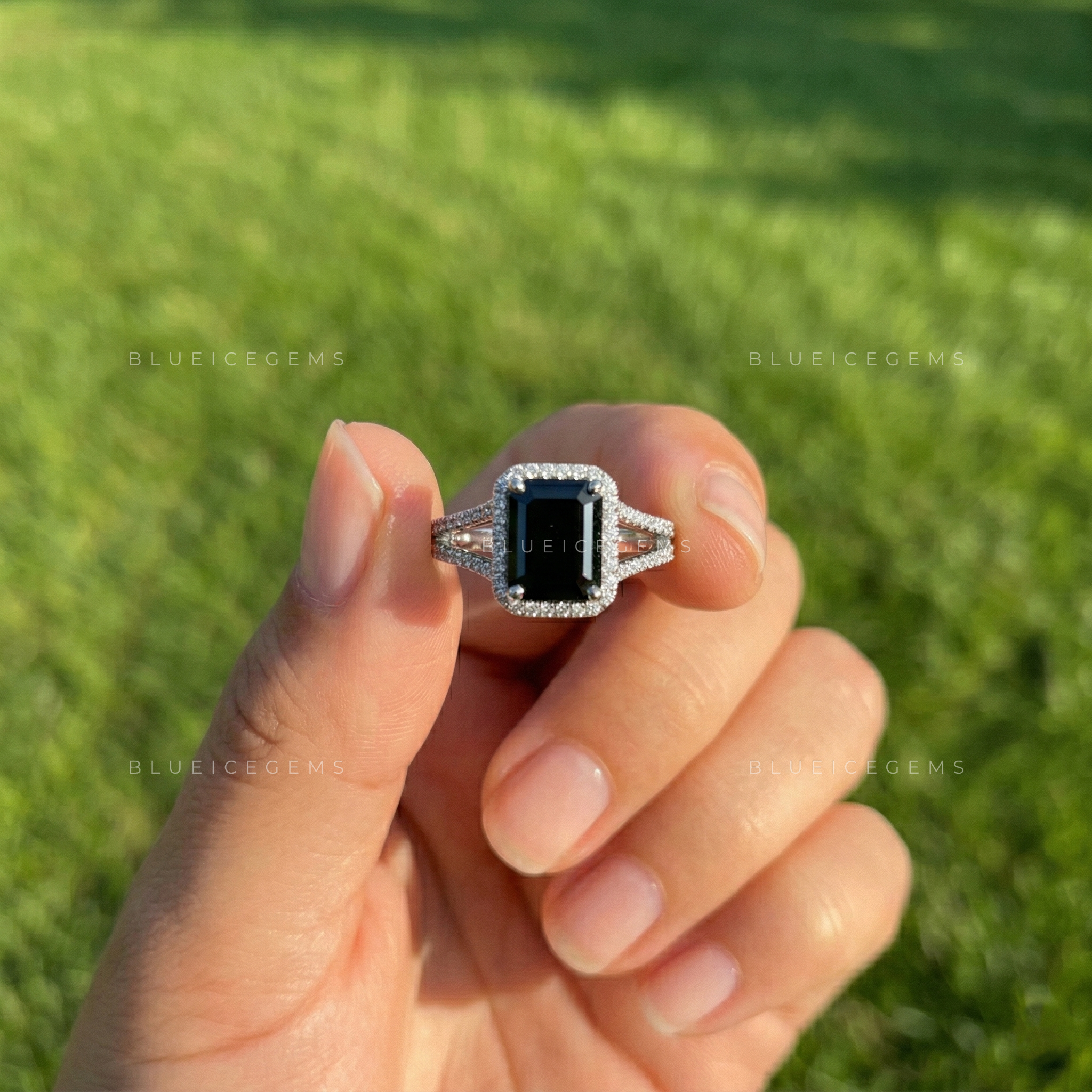 Midnight Noir Emerald Cut Black Diamond Halo Engagement Ring