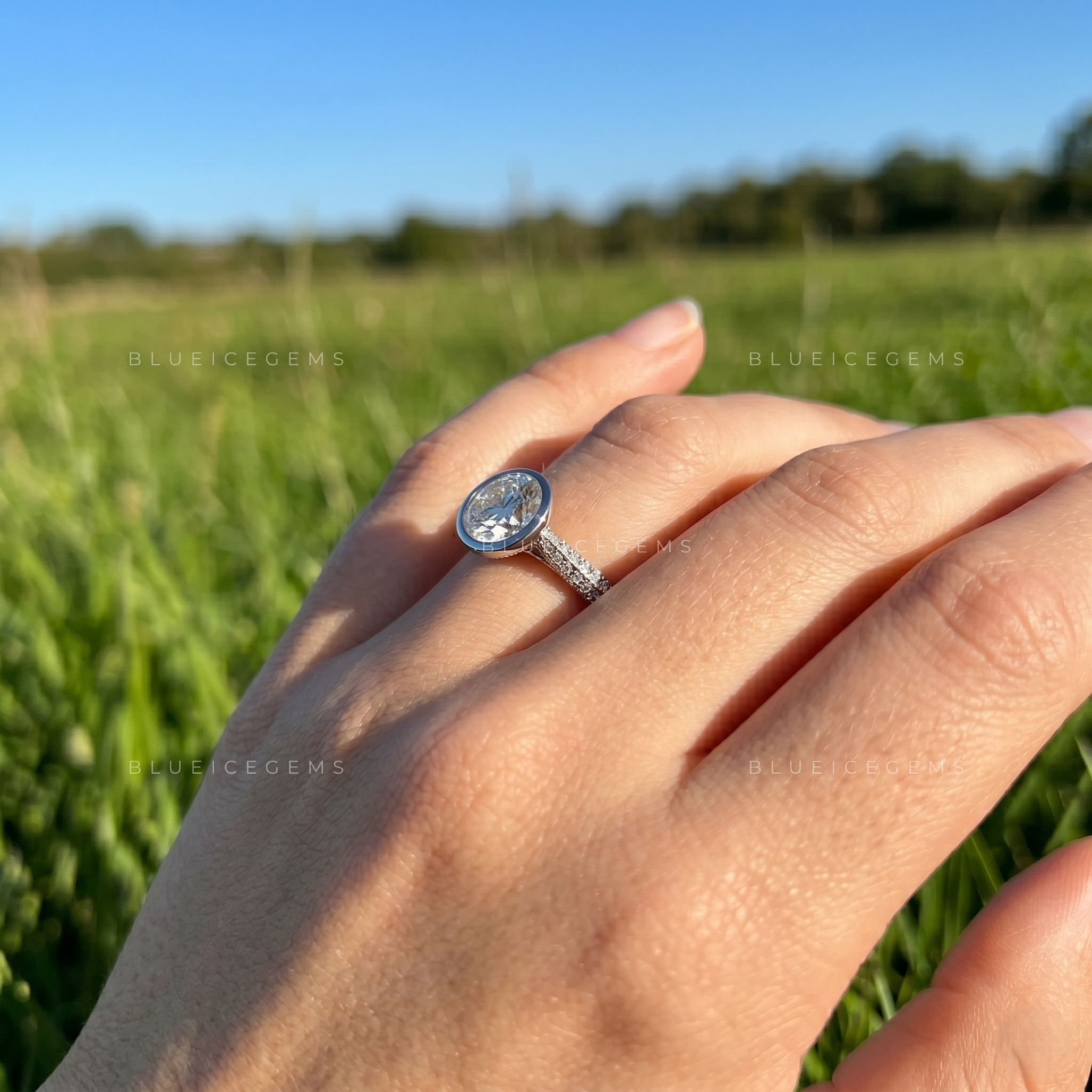 Luminous Horizon Bezel Set Round Brilliant Double Pave Engagement Ring