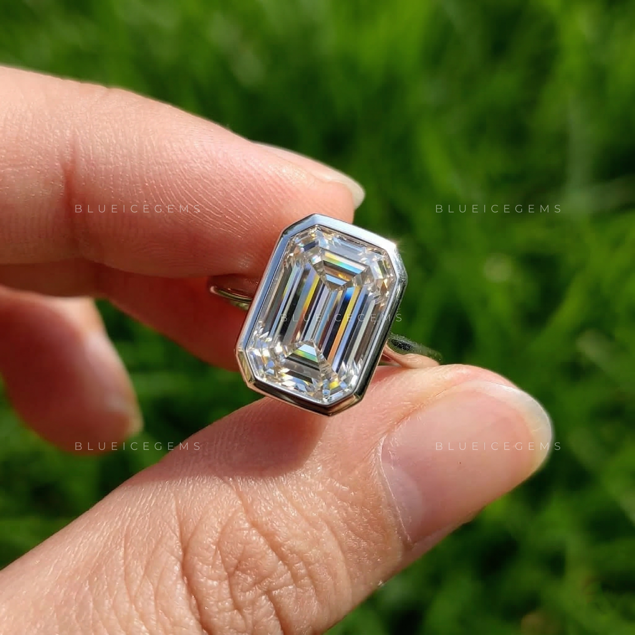 Modern Slate Emerald Cut Knife Edge Bezel Ring