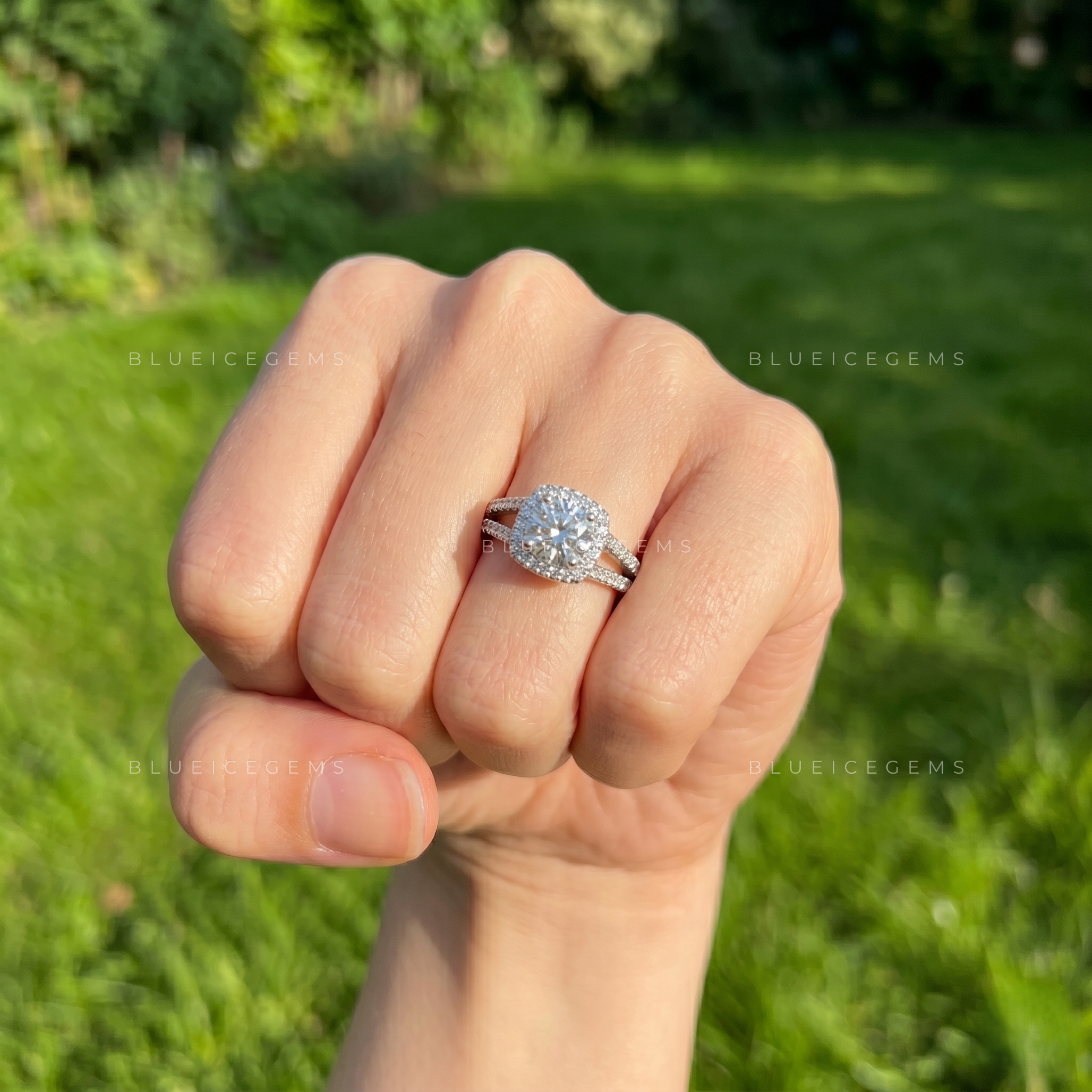 Majestic Brilliance Round Cut Halo Split Shank Statement Engagement Ring