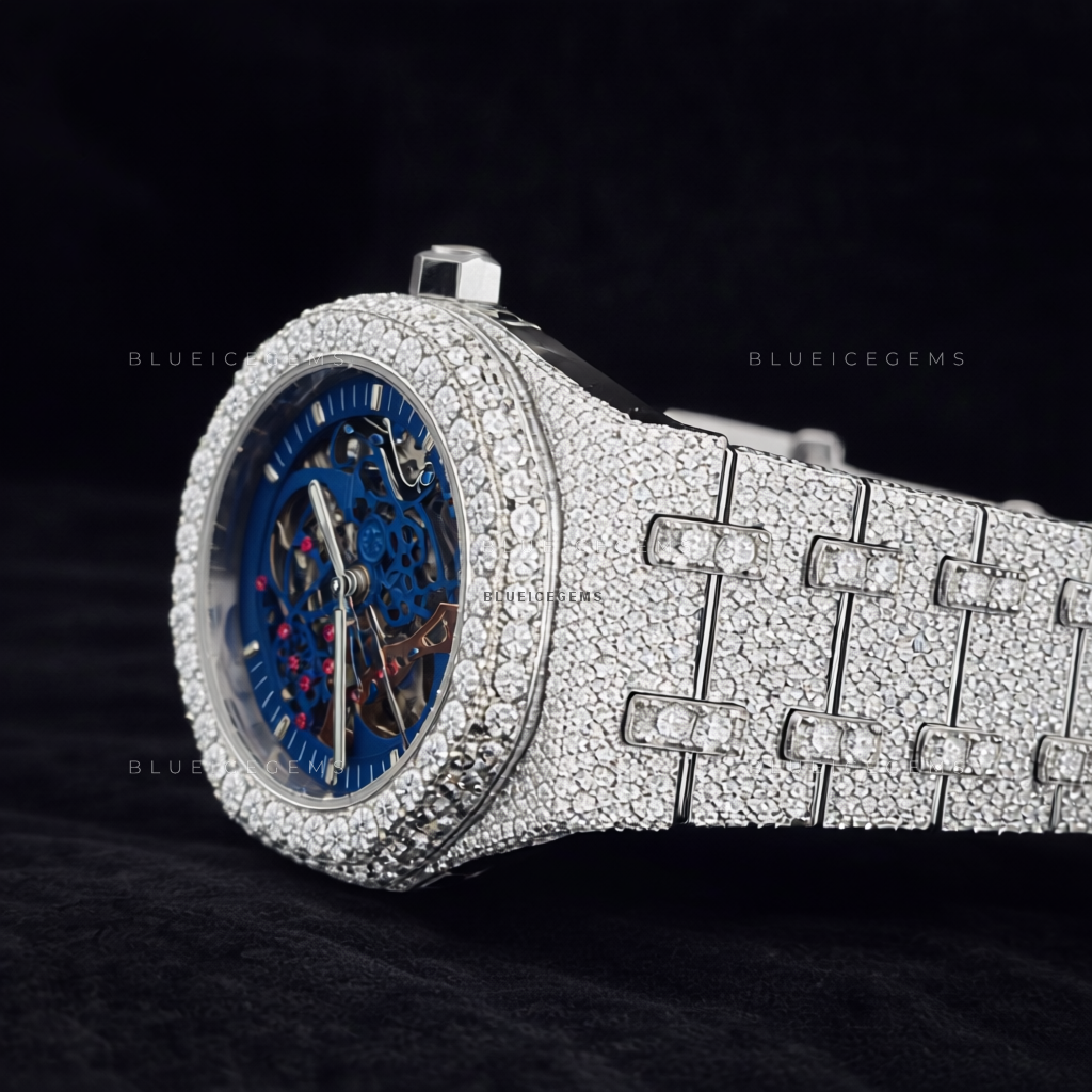 Cobalt Core: Fully Iced-Out Custom Skeleton Moissanite Watch