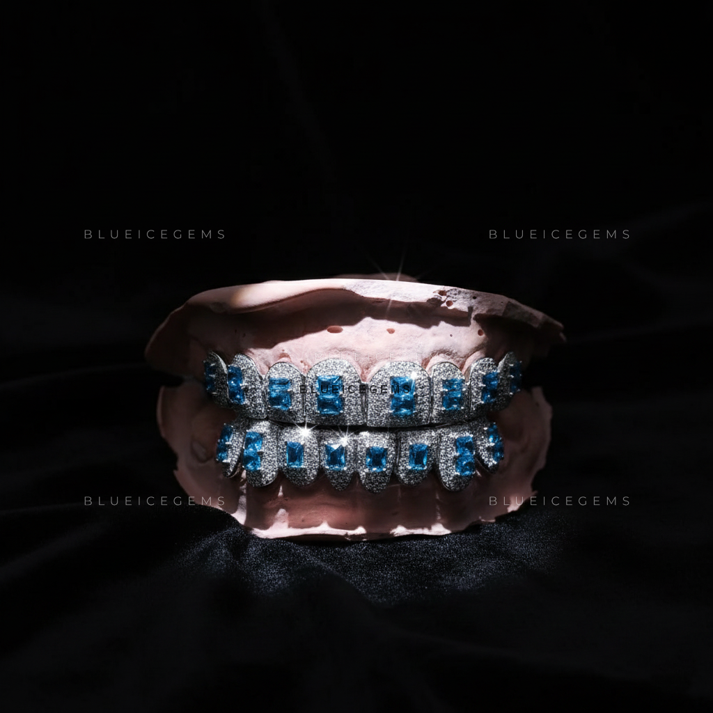 Oceanic Frost Aquamarine Shield Full-Set Grillz