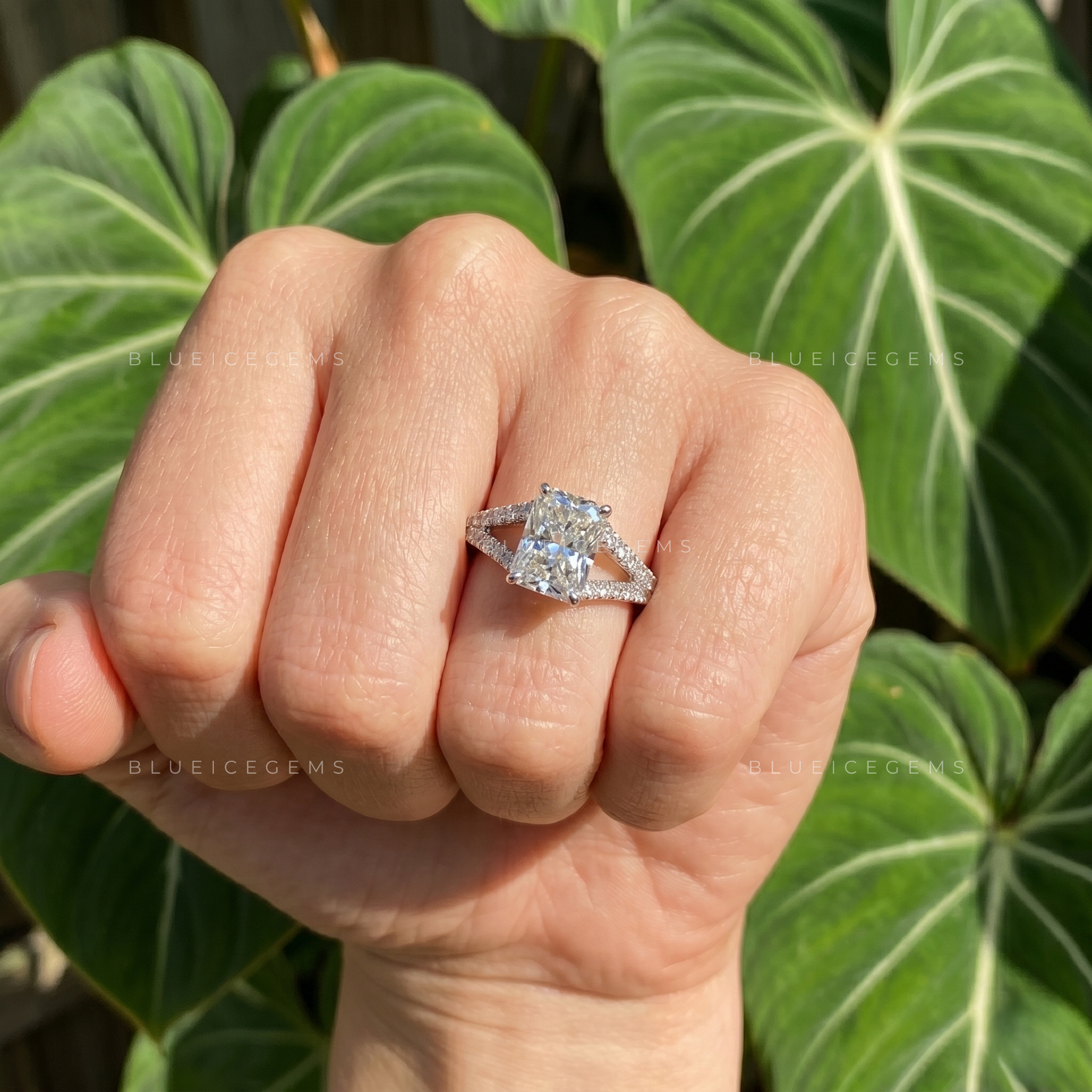 Architectural Grace Radiant Cut Split Shank Cathedral Engagement Ring