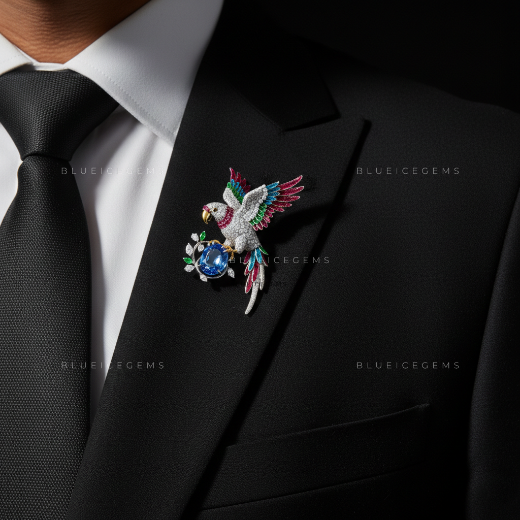 The Azure Aviator: Bespoke Macaw Statement Brooch