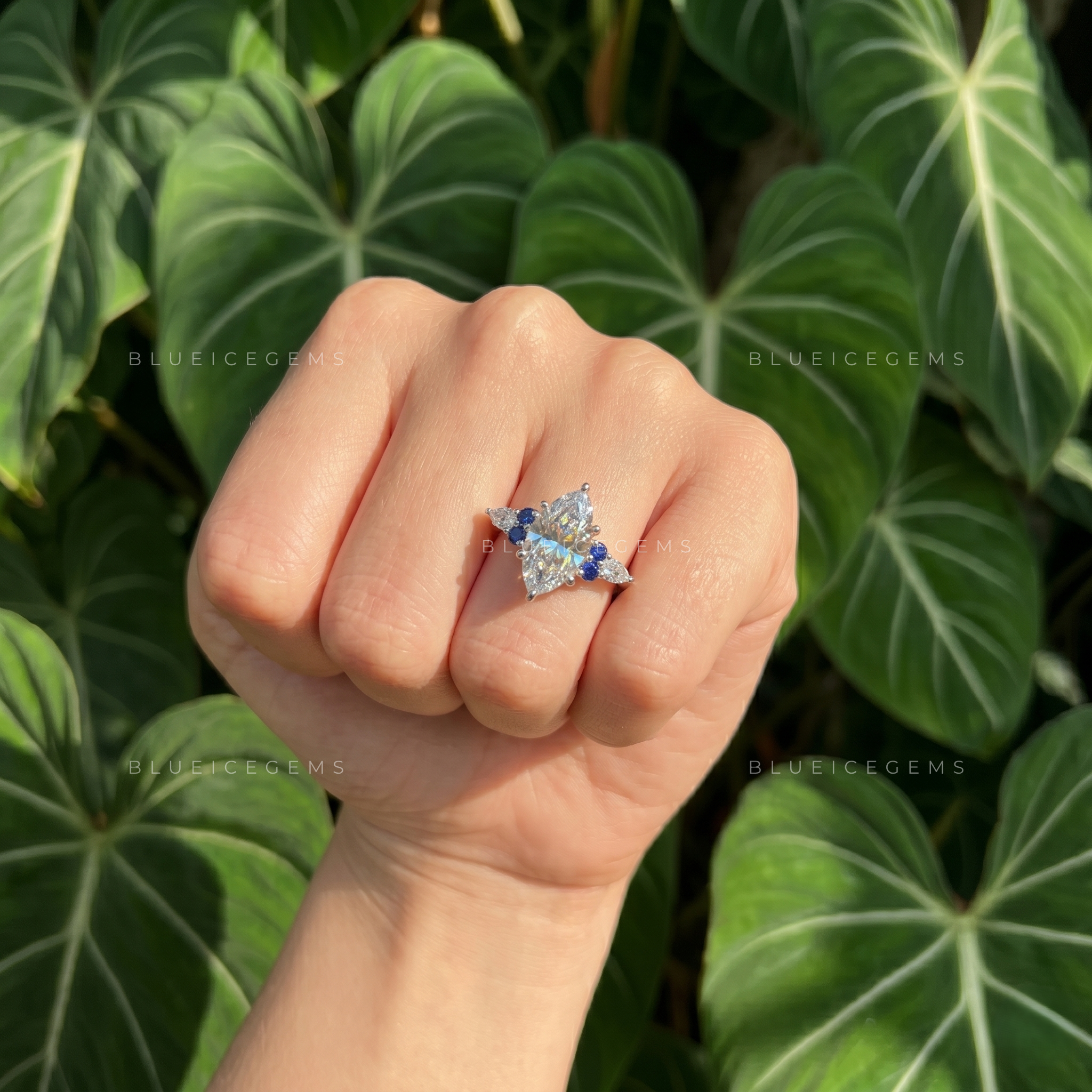 Royal Sapphire Splendor Marquise Cut Three-Stone Accent Ring