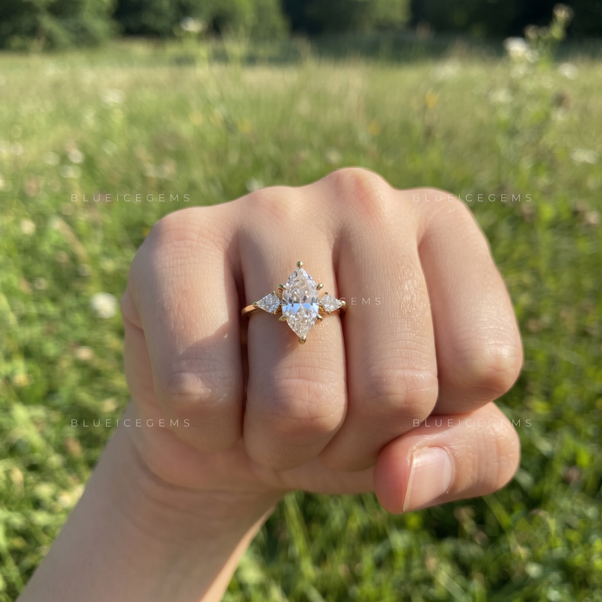 Celestara Dutch Marquise Three-Stone Kite Engagement Ring