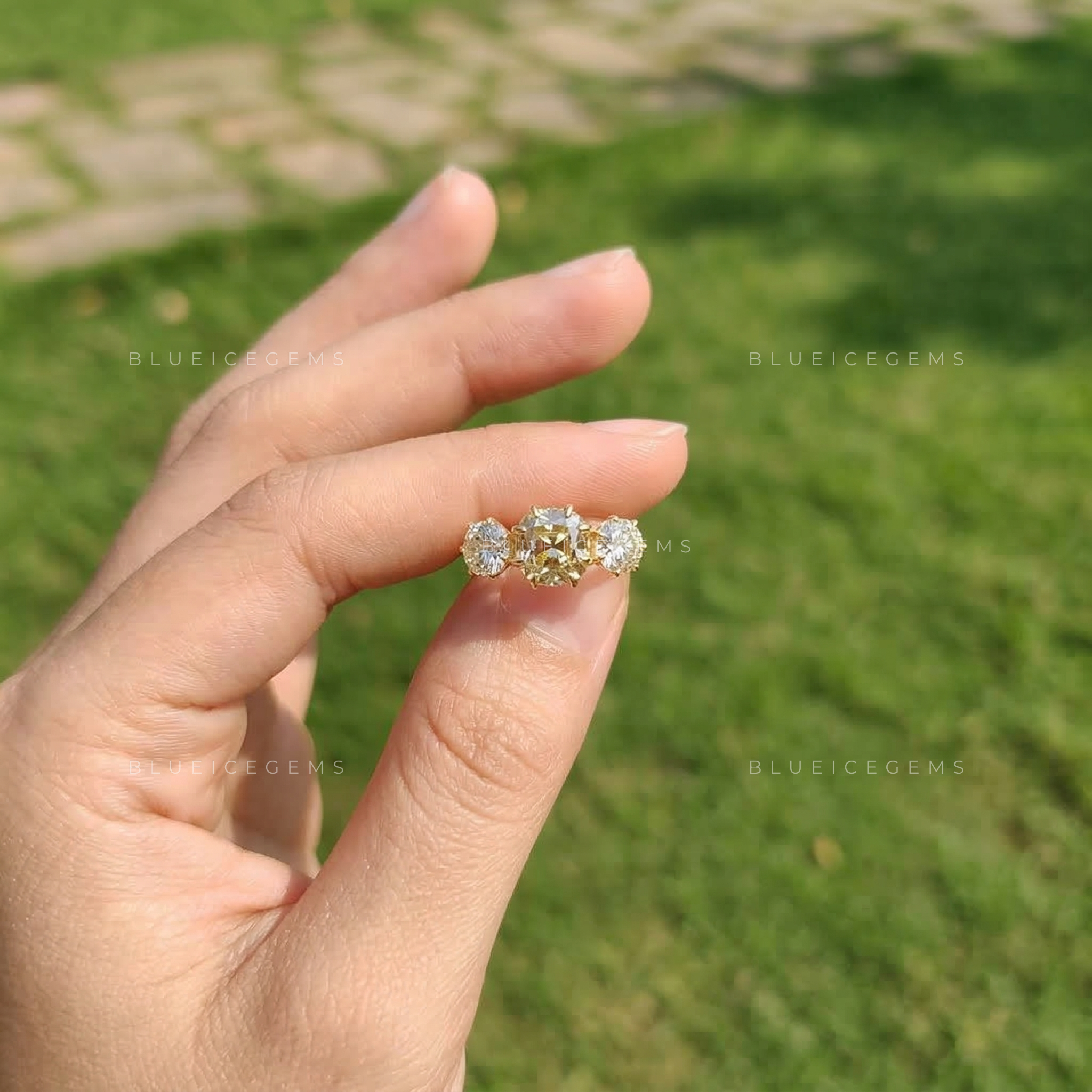 Golden Glow Vintage Cushion Old Mine Cut Lab Grown Diamond Ring