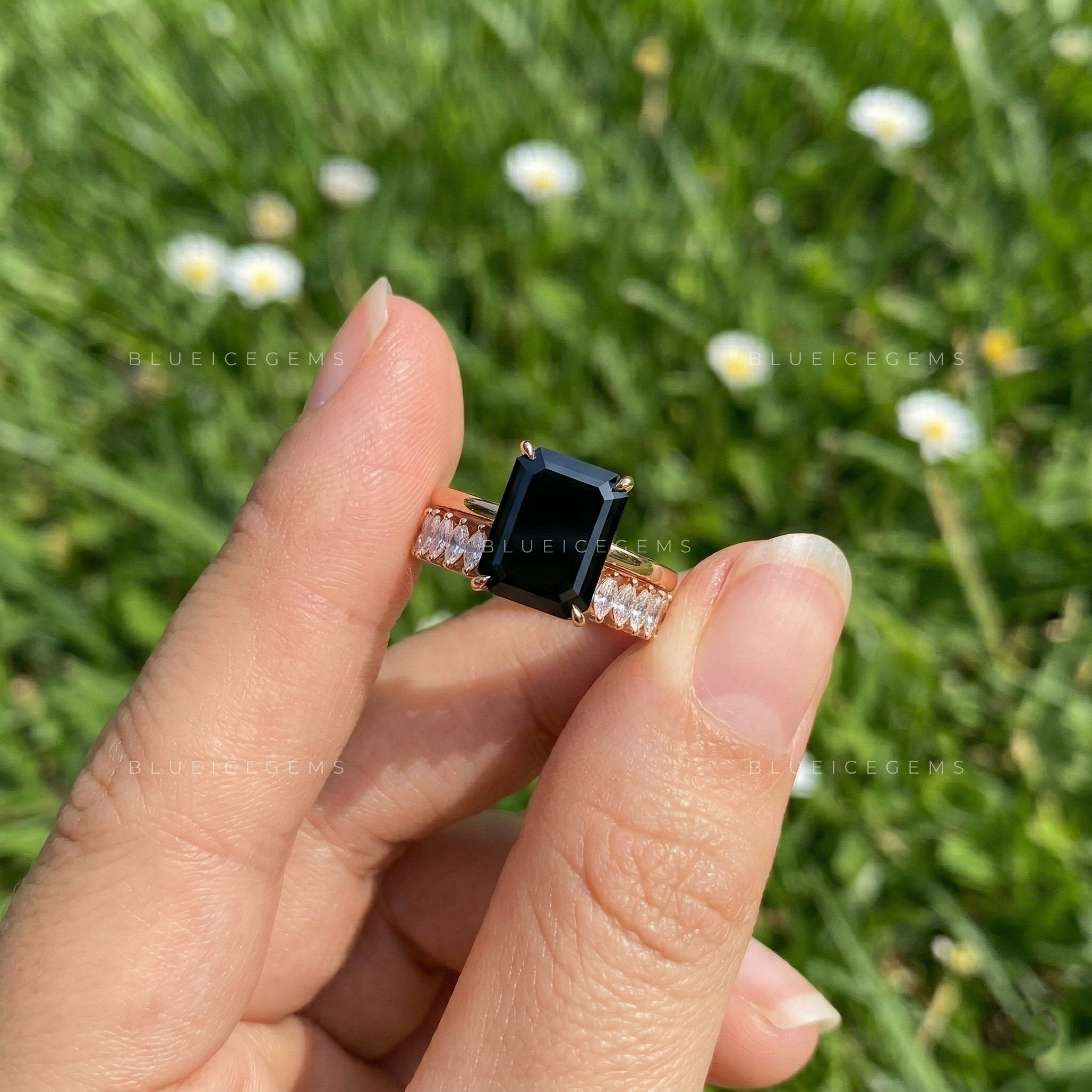 Architectural Noir Emerald Cut Black Diamond Bridal Set