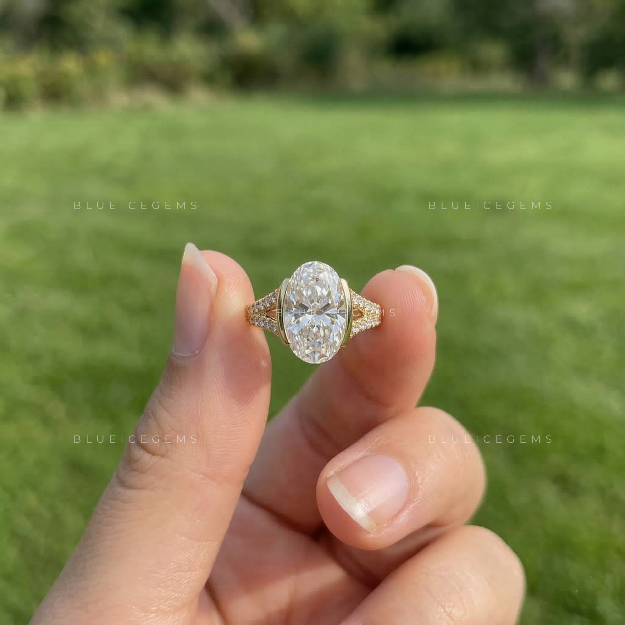 Modern Half Bezel Oval Cut Pavé Engagement Ring