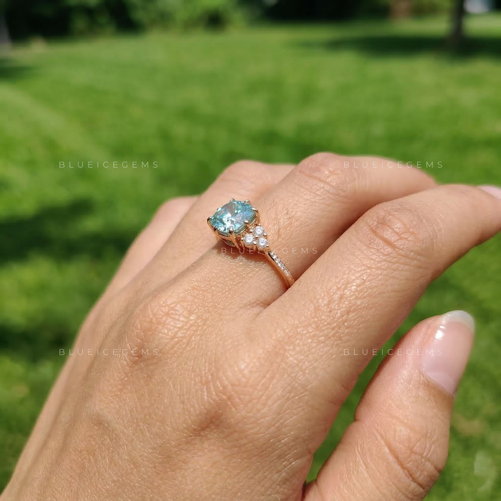 Cerulean Radiance Cushion Rensu Cut Pavé Ring