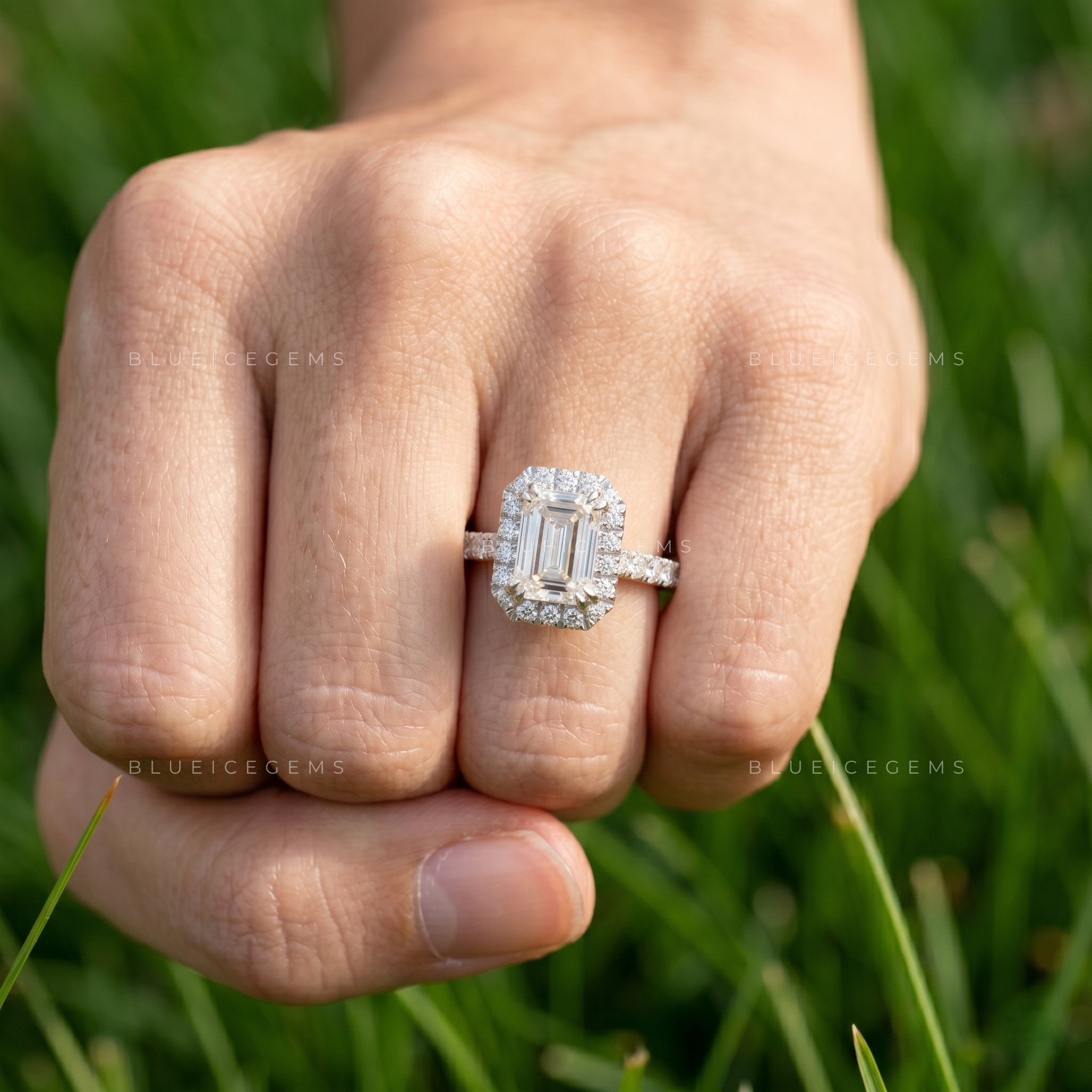 Sophisticated Emerald Cut Halo and Pave Statement Engagement Ring