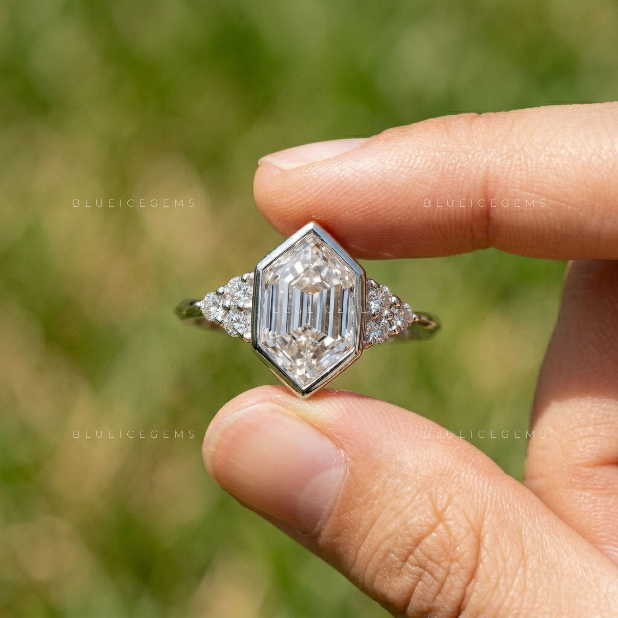 Architectural Sophistication Hexagon Step Cut Trilogy Engagement Ring