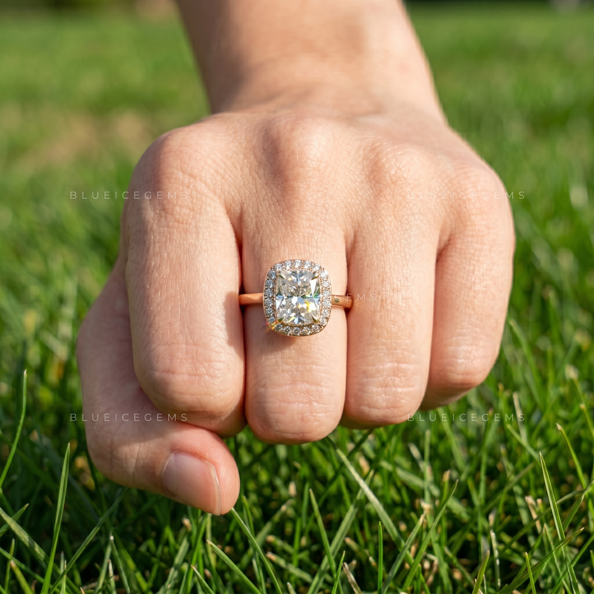 Luminous Cushion Cut Halo Statement Ring with Open Gallery