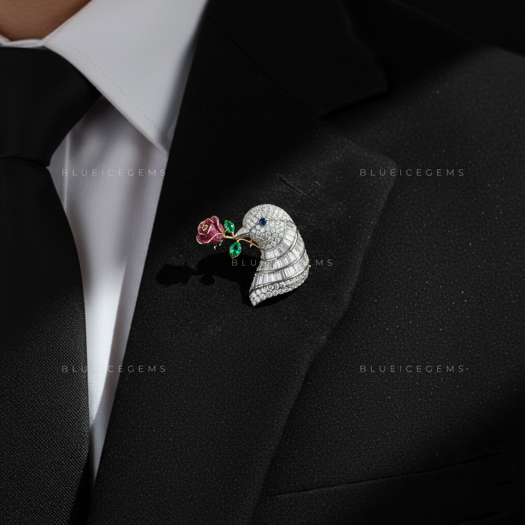 The Eternal Romance: Bespoke Rose & Dove Statement Brooch