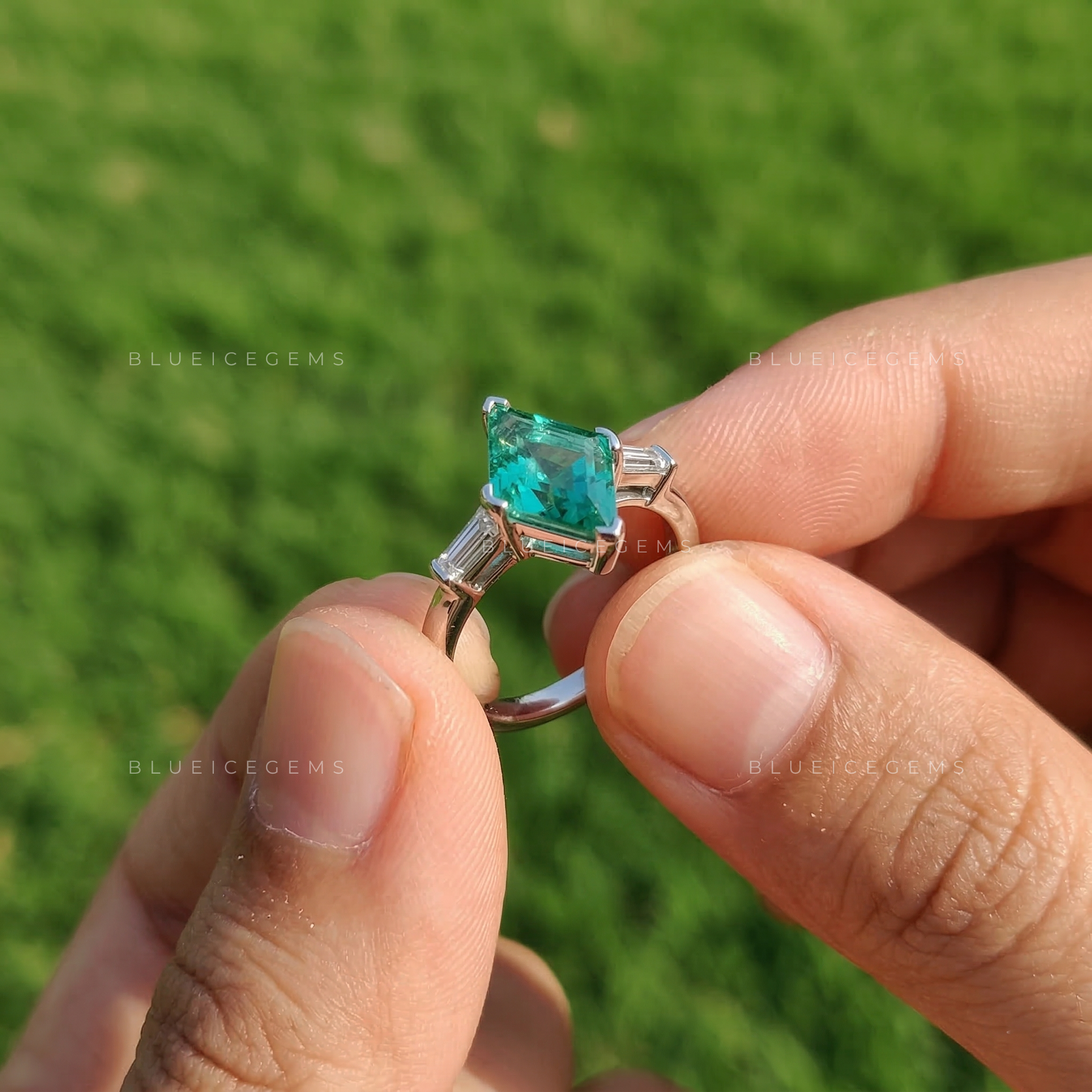 Mystic Forest Lozenge Cut Baguette Three Stone Ring
