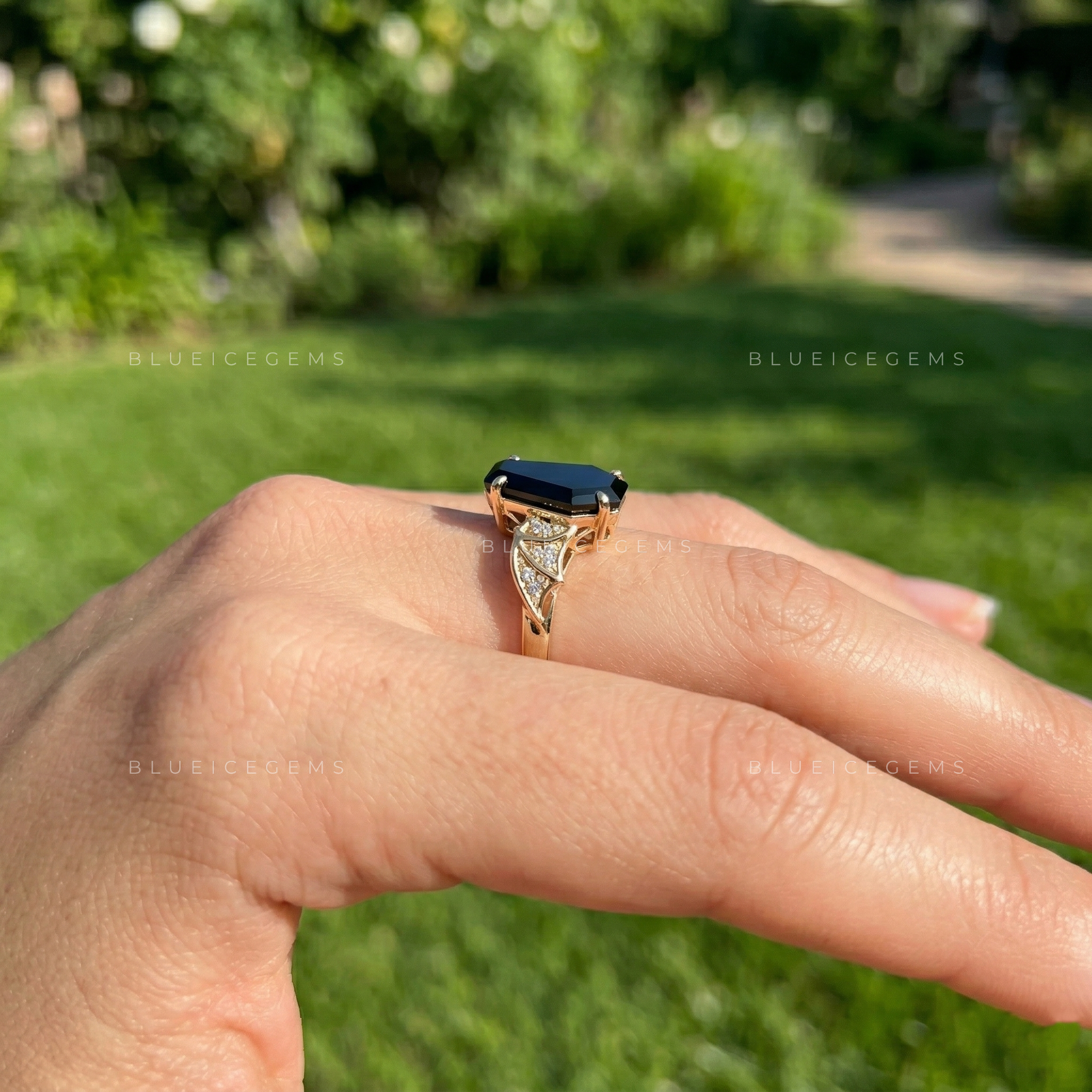 Midnight Noir Coffin Cut Black Moissanite Solitaire Accent Ring
