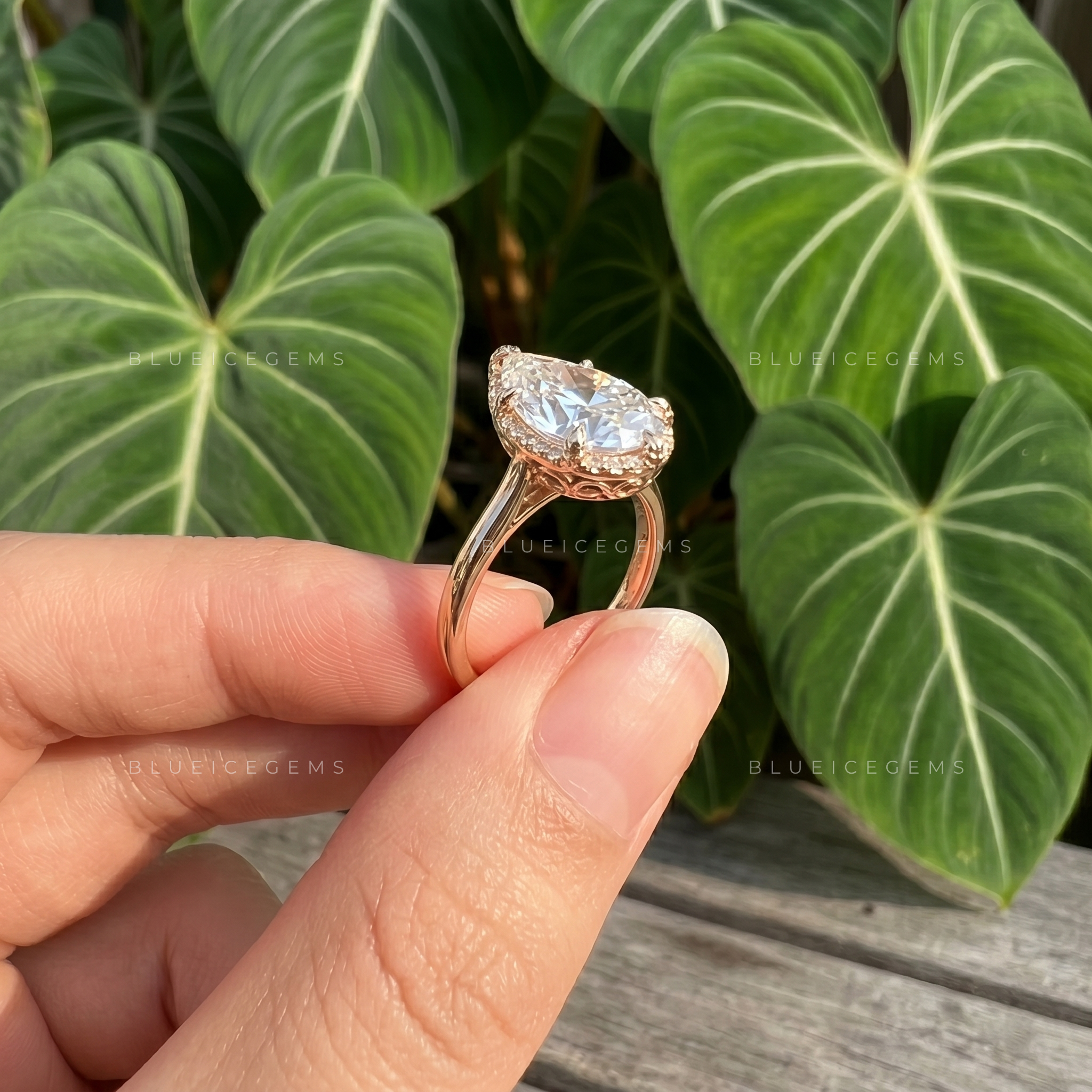 Nature Inspired Pear Cut Hidden Halo Leaf Prong Engagement Ring