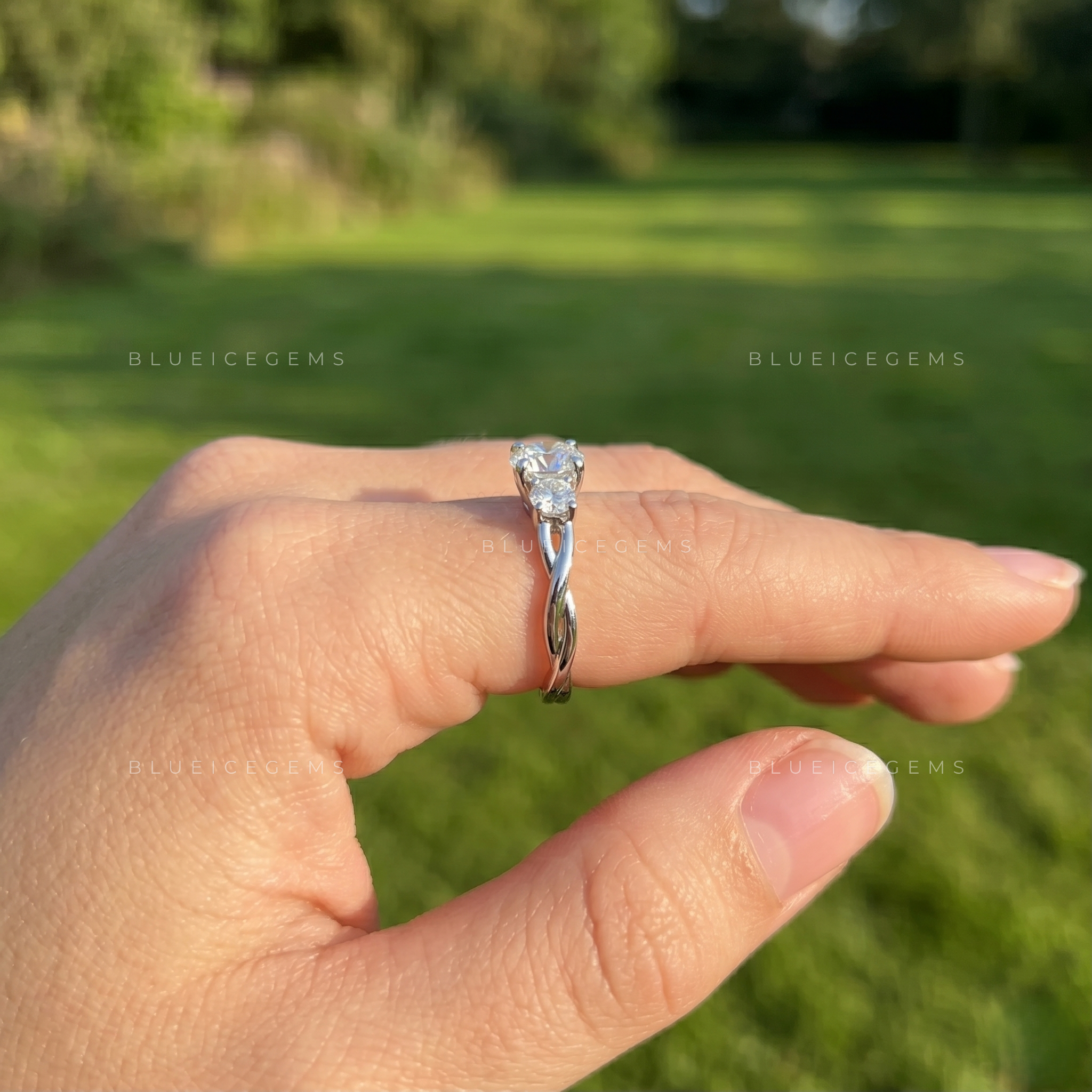 Eternal Harmony Round Cut Three Stone Engagement Ring Unique Twisted Ribbon Anniversary Promise Band