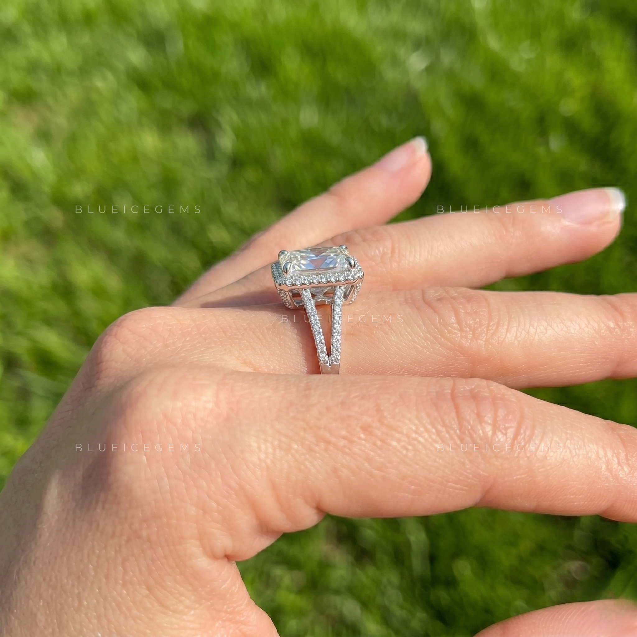 Exquisite Glamour Radiant Cut Halo Split Pave Shank Engagement Ring