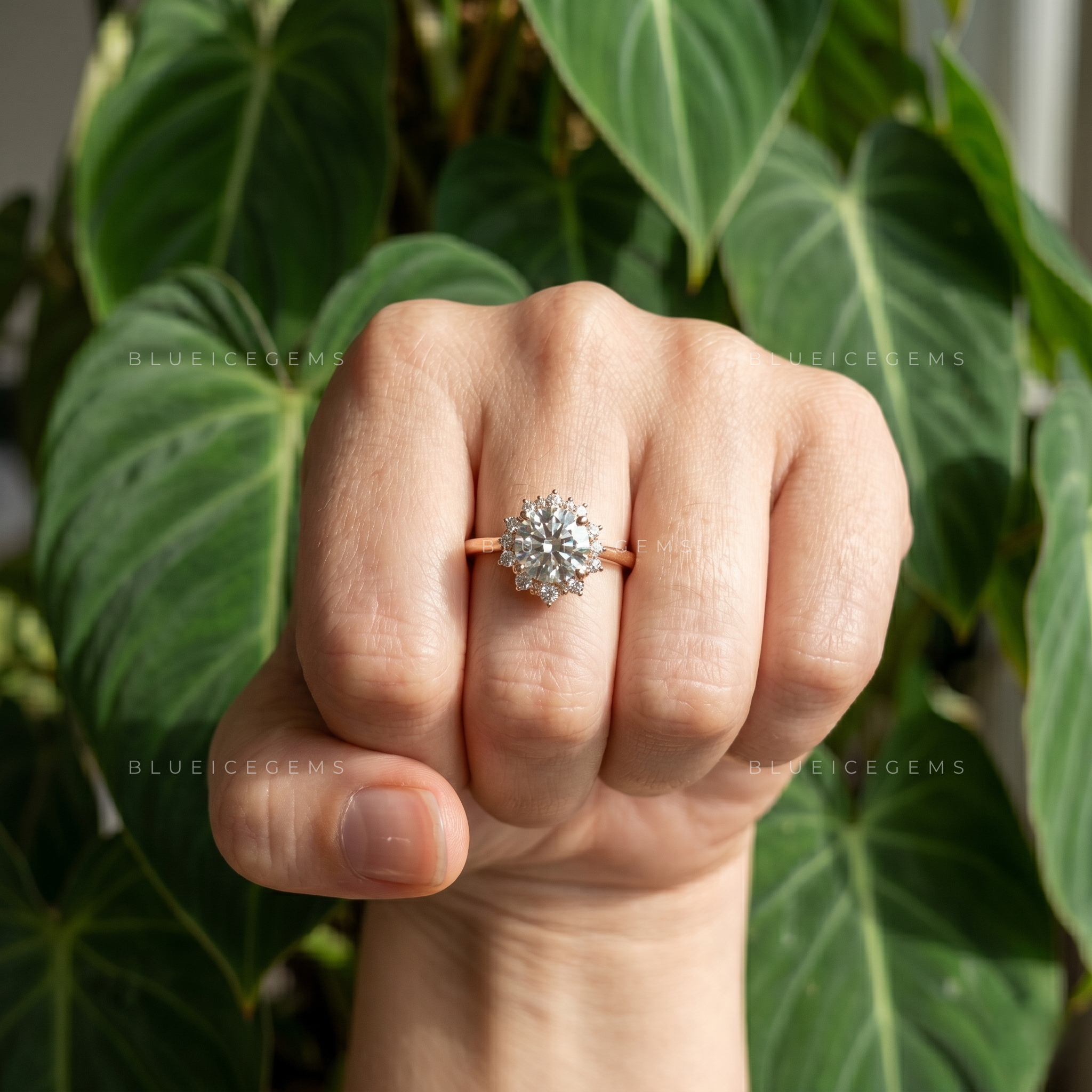 Whimsical Bloom Art Deco Floral Halo Engagement Ring