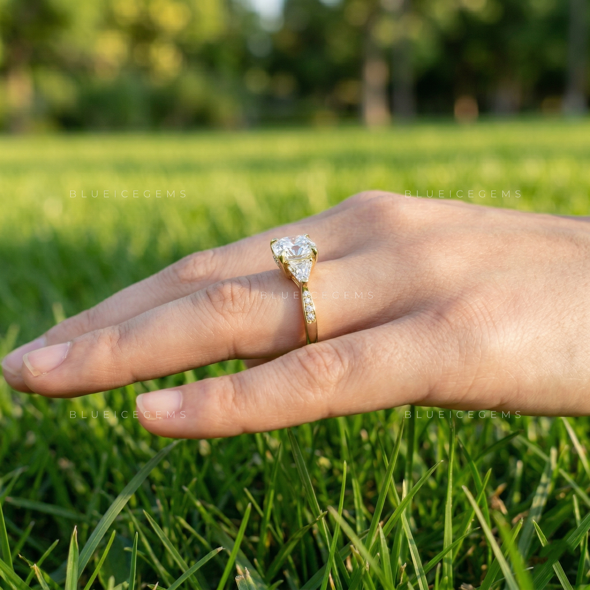 Radiant Cushion Cut Three Stone Multi-Shape Side Engagement Ring